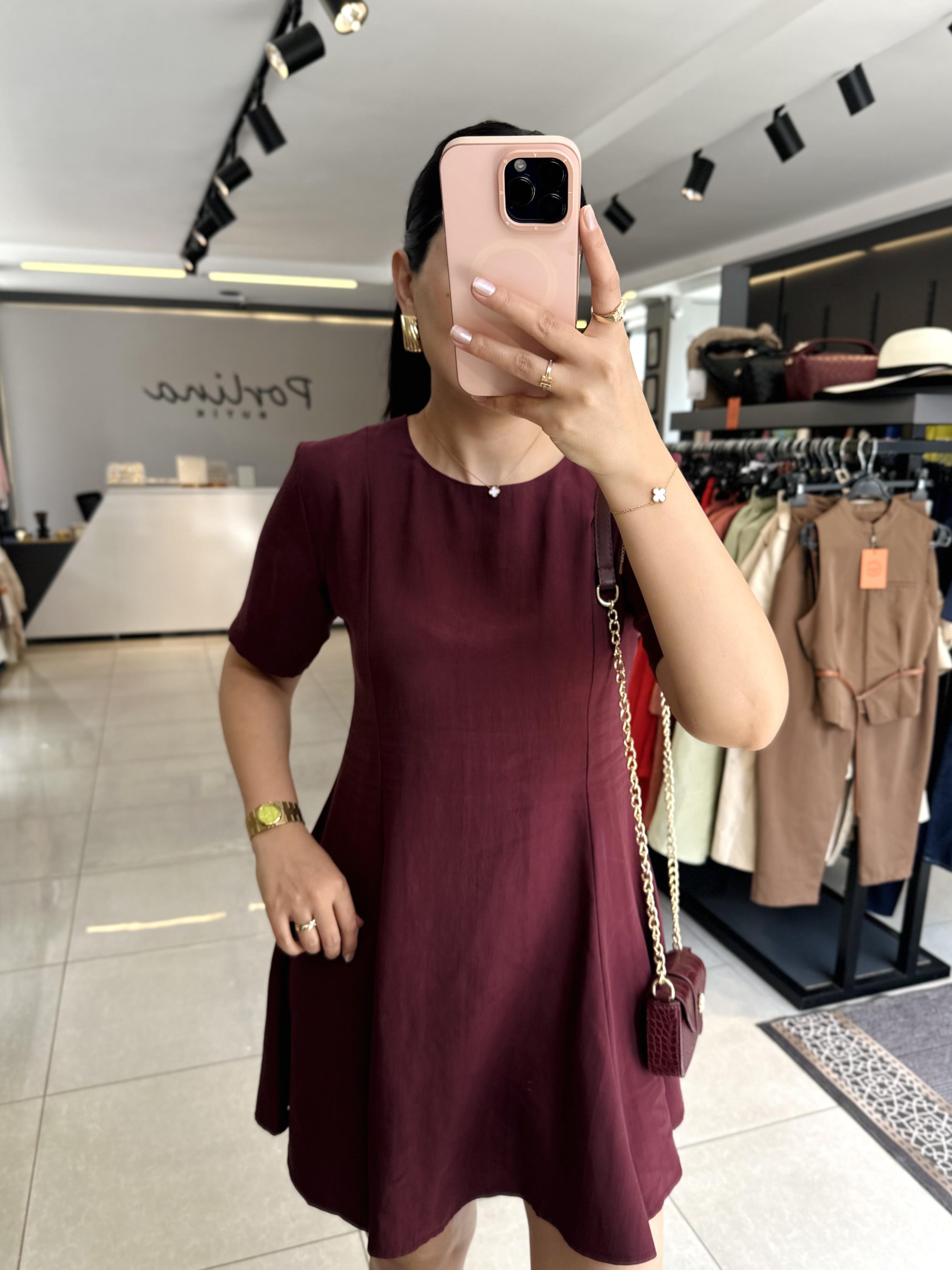 Bordo Tensel Kumaş A Kesim Kısa Kollu Elbise