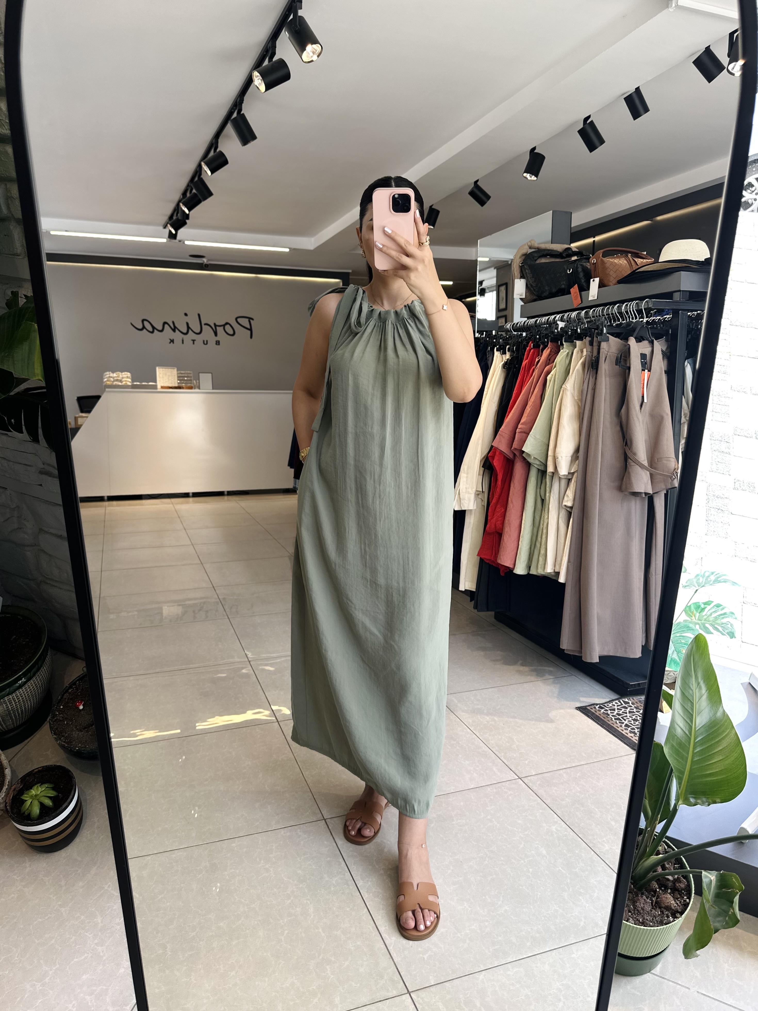 Çağla Yeşili Omuzdan Bağlamalı Elbise