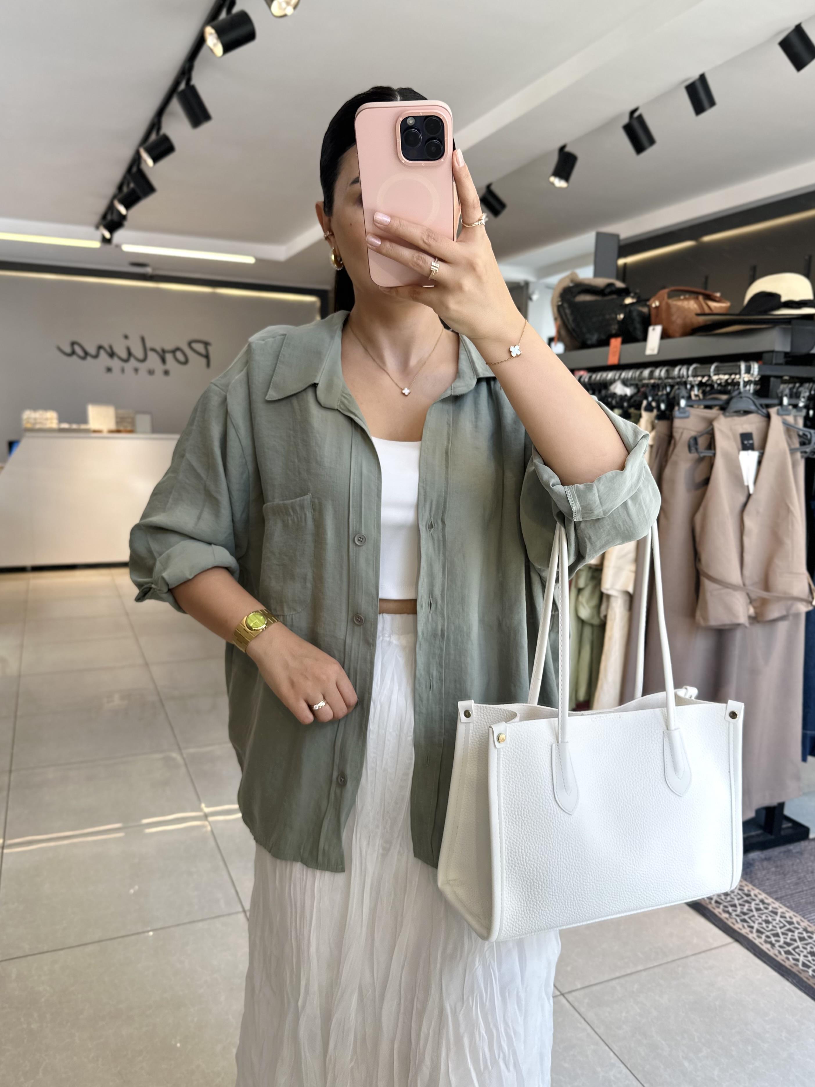 Çağla Yeşili Tensel Kumaş Düşük Omuzlu Oversize Gömlek
