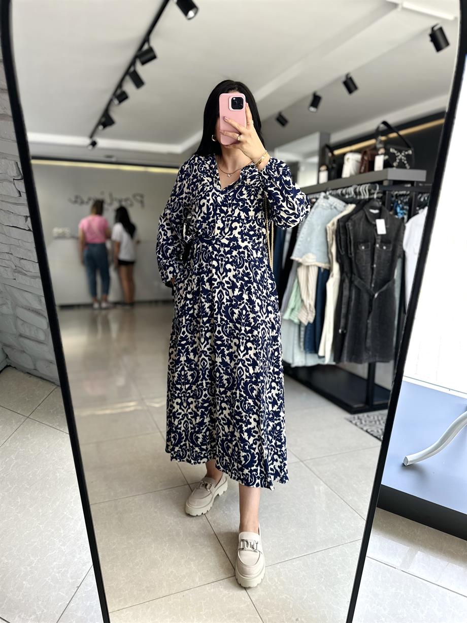 Desenli Marka Model Kuşaklı Elbise