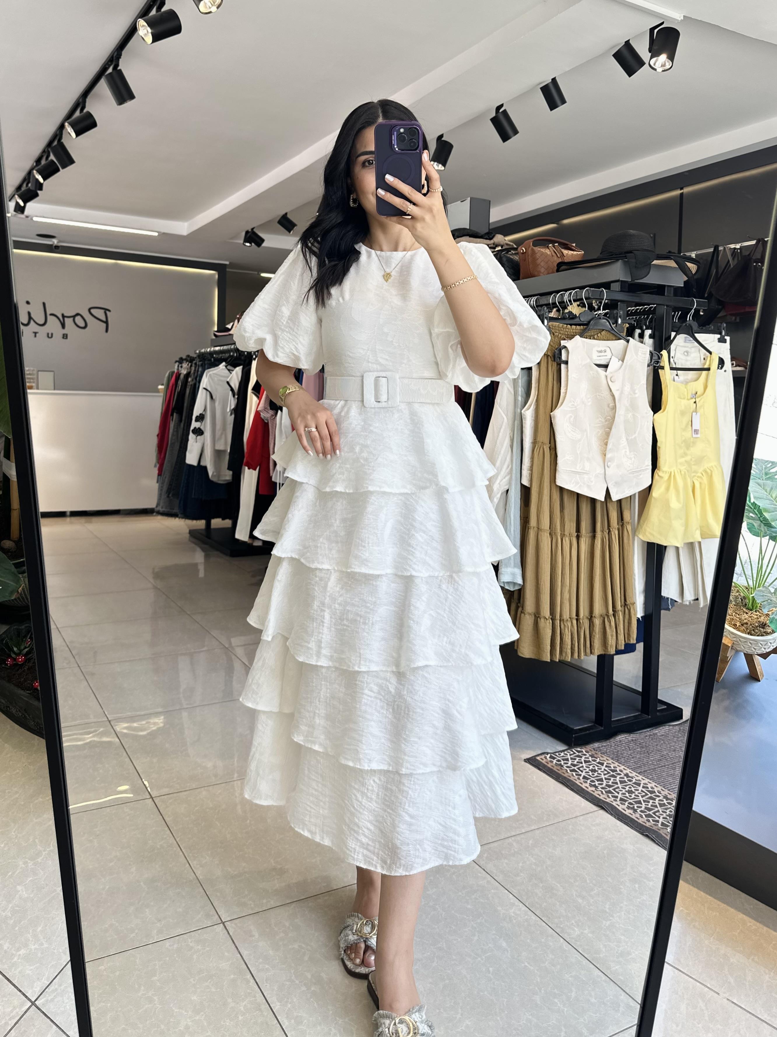 Ekru Kat Kat Balon Kol Elbise