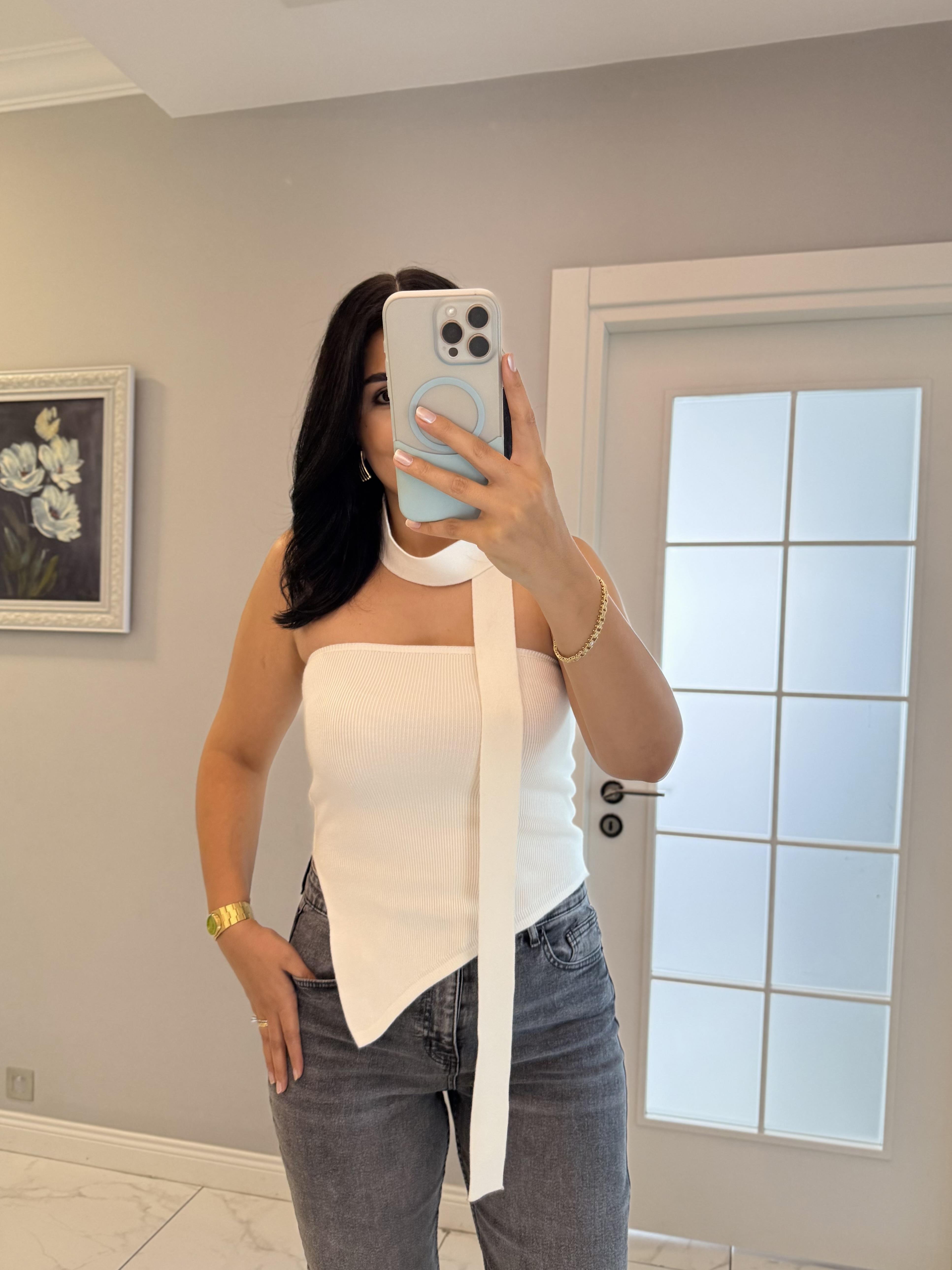 Ekru Verev Kesim Triko Bluz