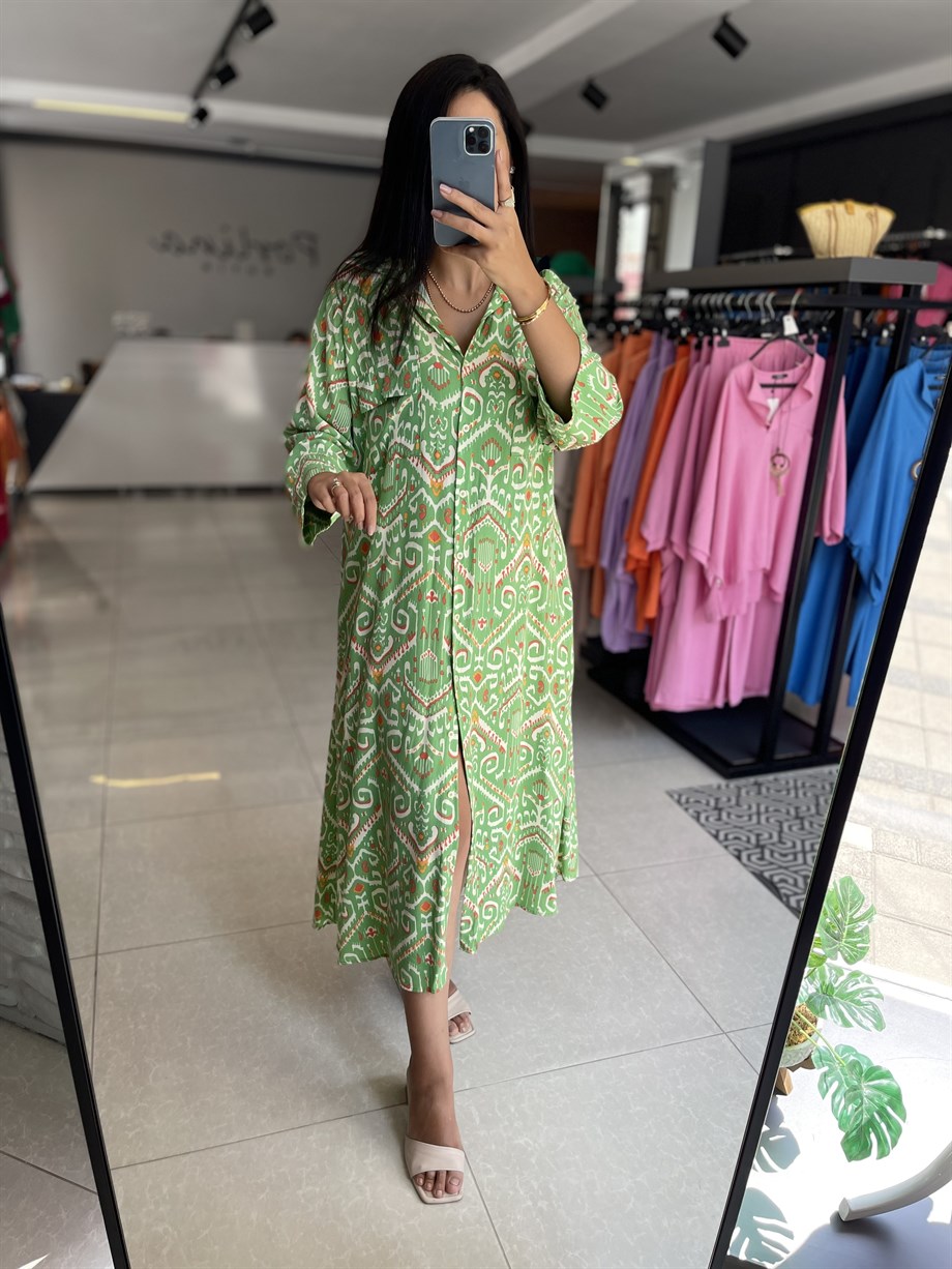 Fıstık Yeşili Kırmızı Desenli Gömlek Elbise