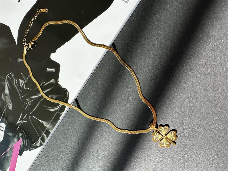 Gold Çelik İtalyan Zincir Yonca Kolye