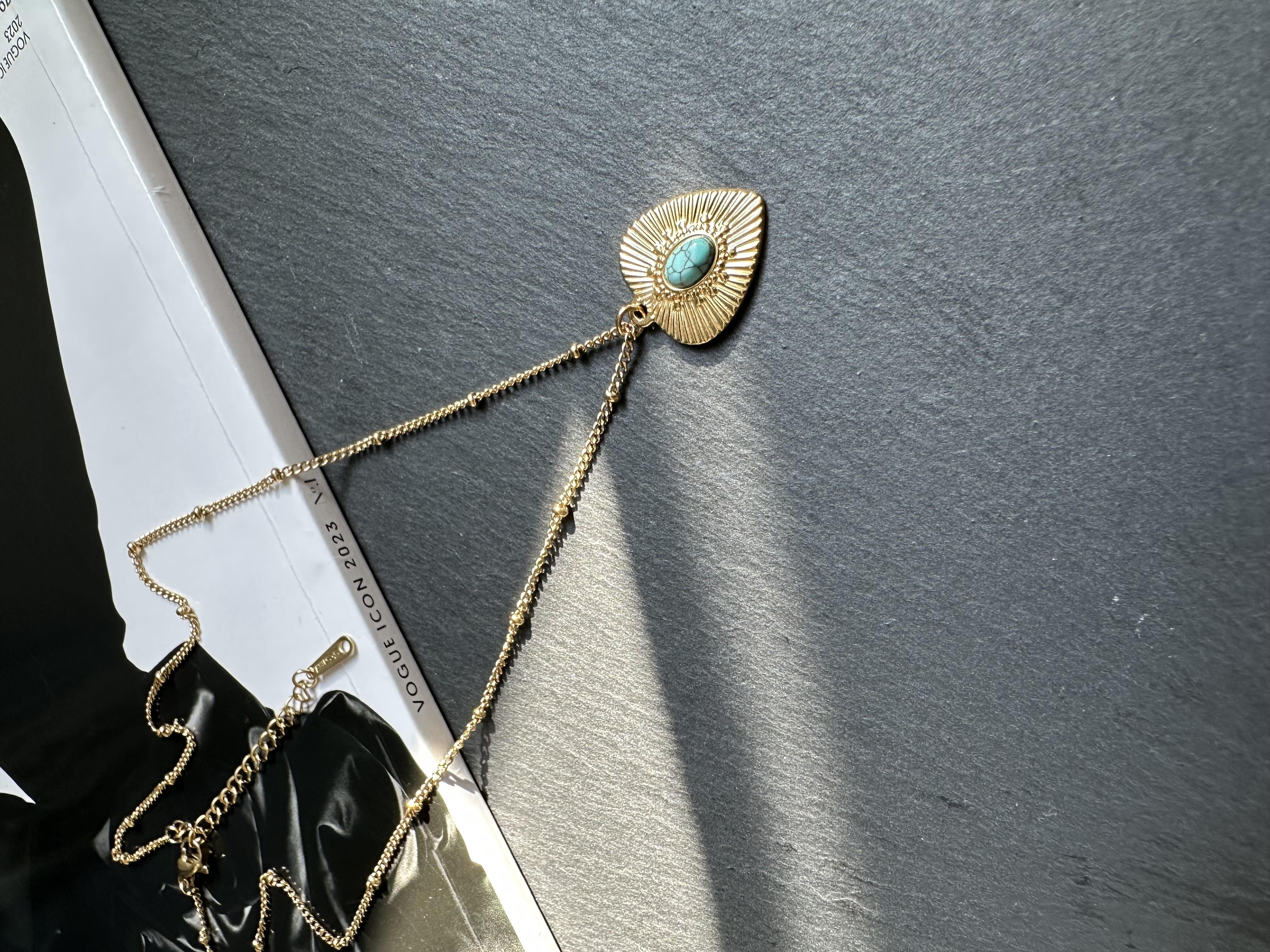 Gold Çelik Turkuaz Taşlı Kolye