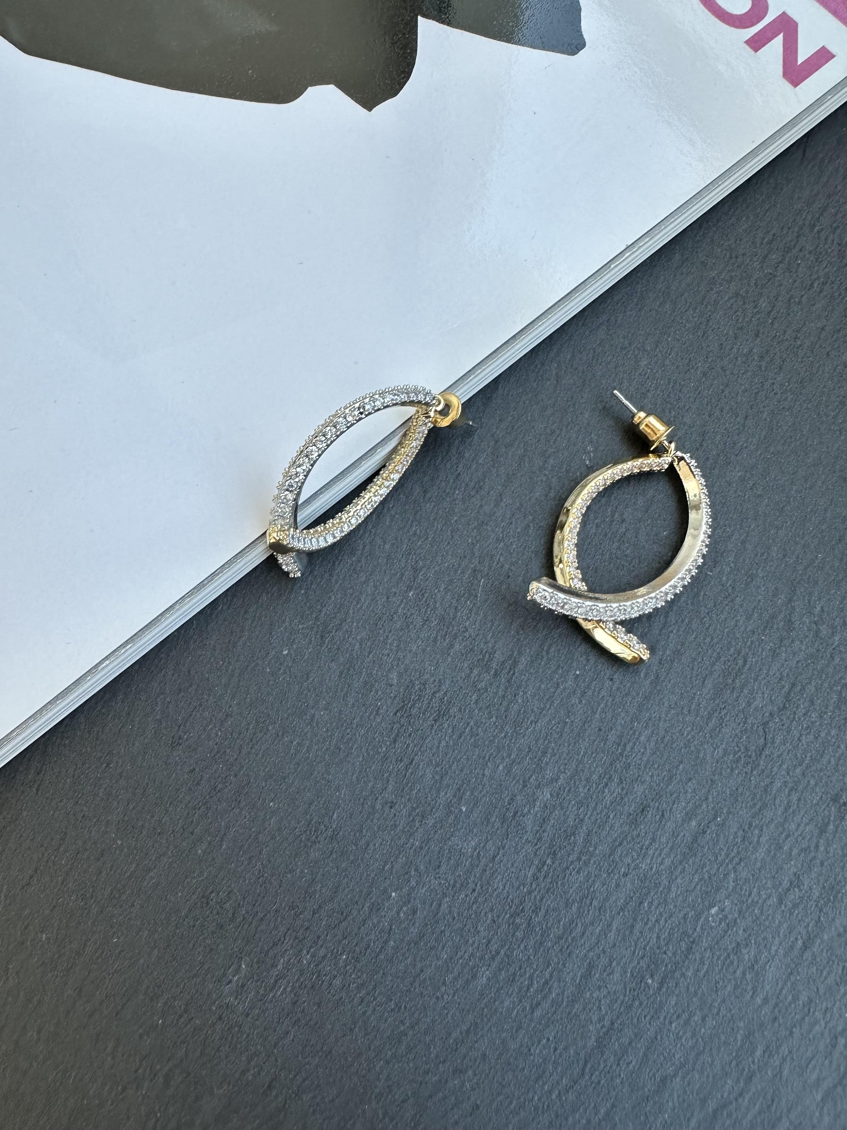 Gold Silver Zirkon Taşlı 2 li Küpe