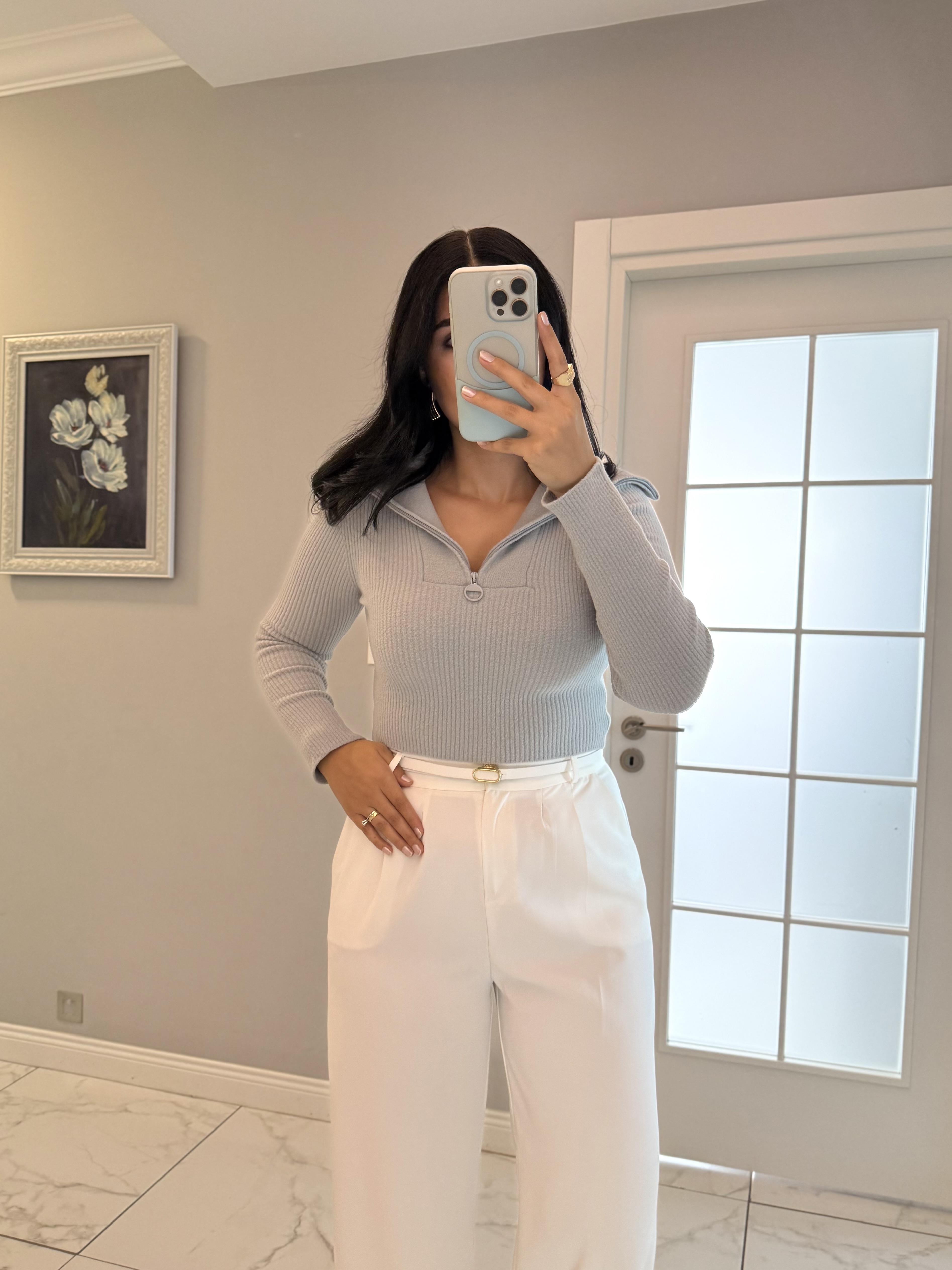 Gri Fitilli Fermuar Detaylı Dilvin Kazak