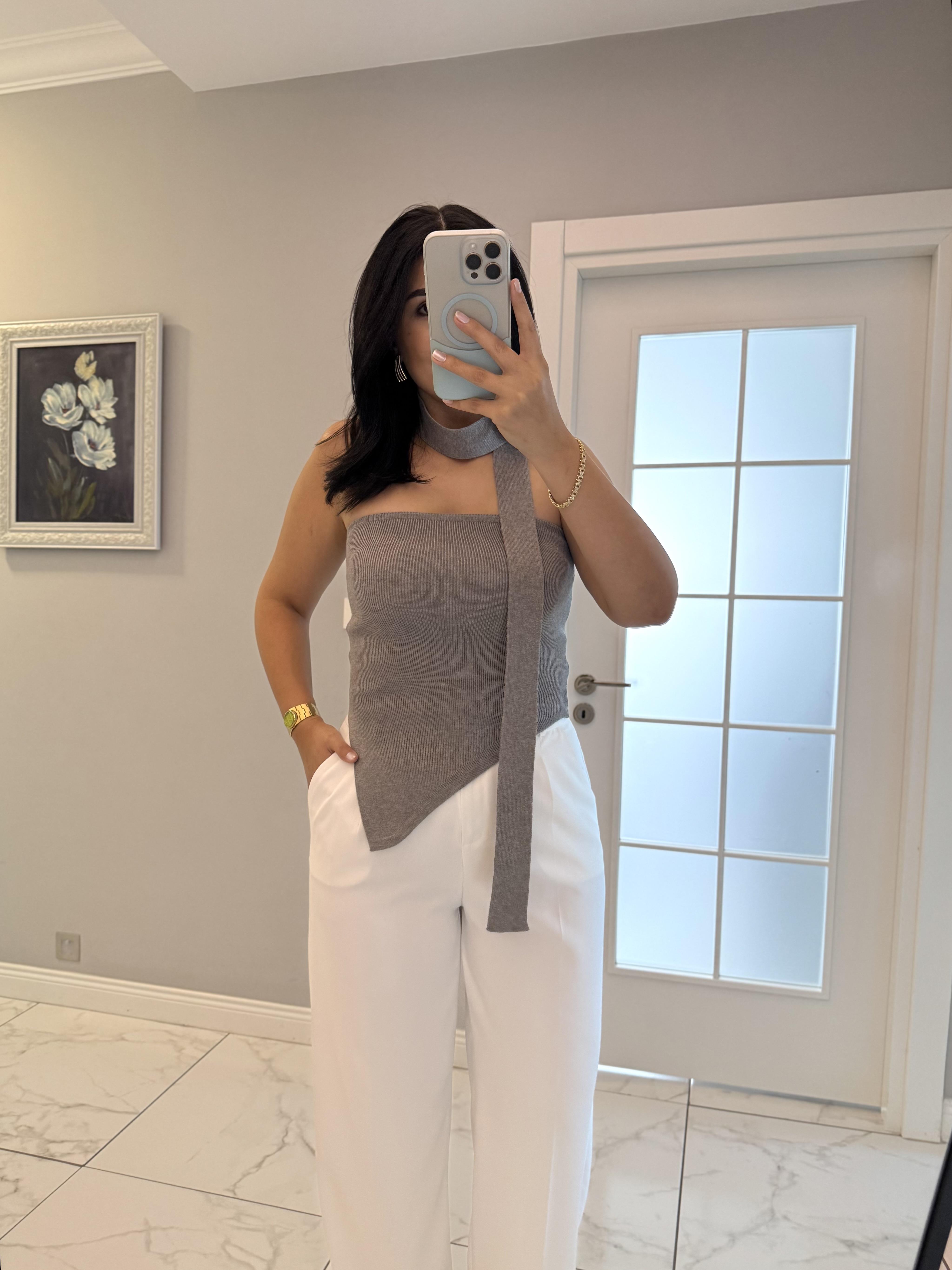 Gri Verev Kesim Triko Bluz