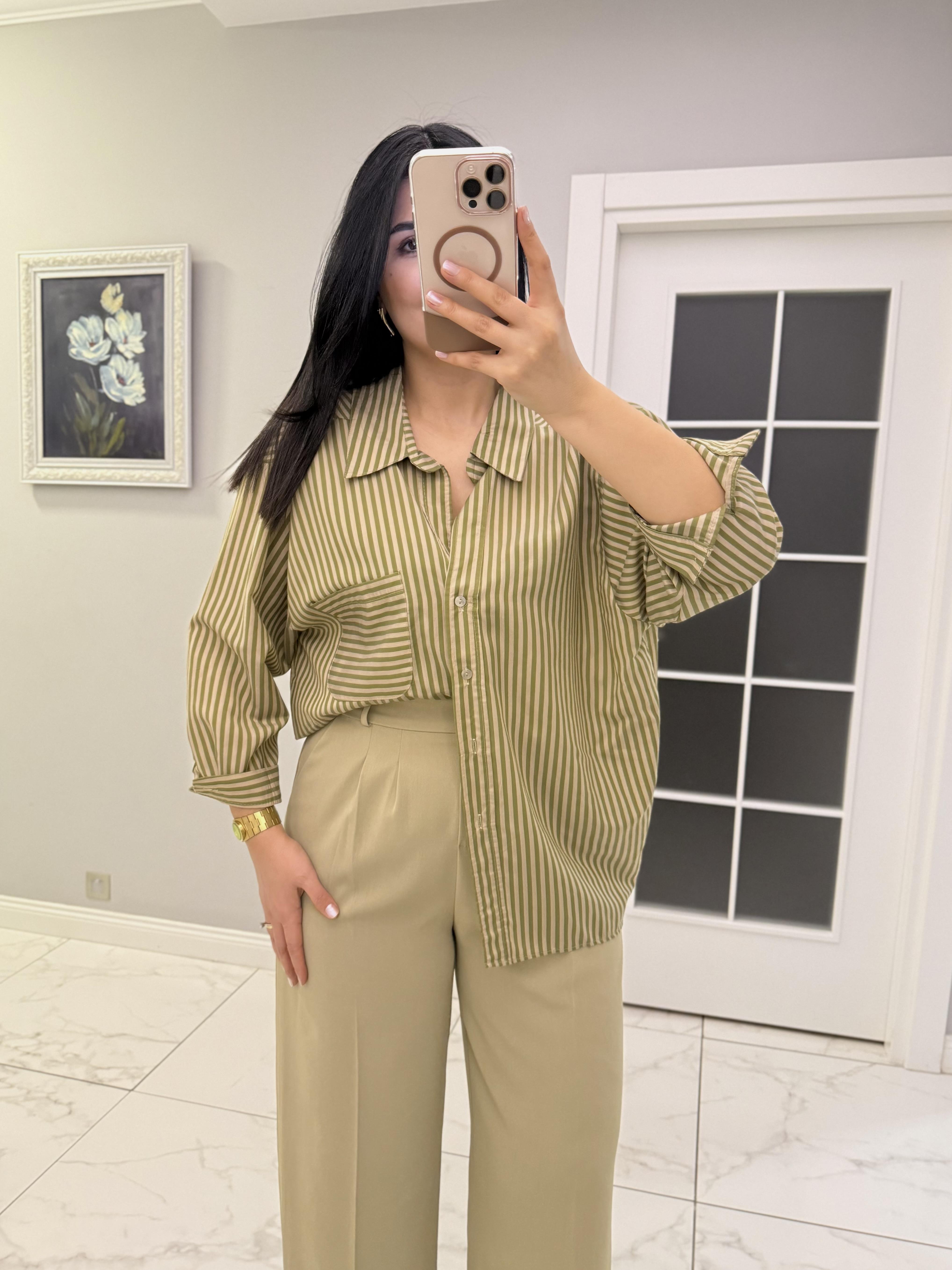 Haki Bej Çizgili Oversize Gömlek