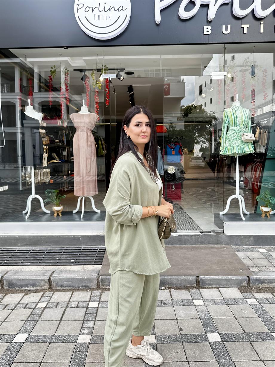 Haki Keten Oversize Gömlek