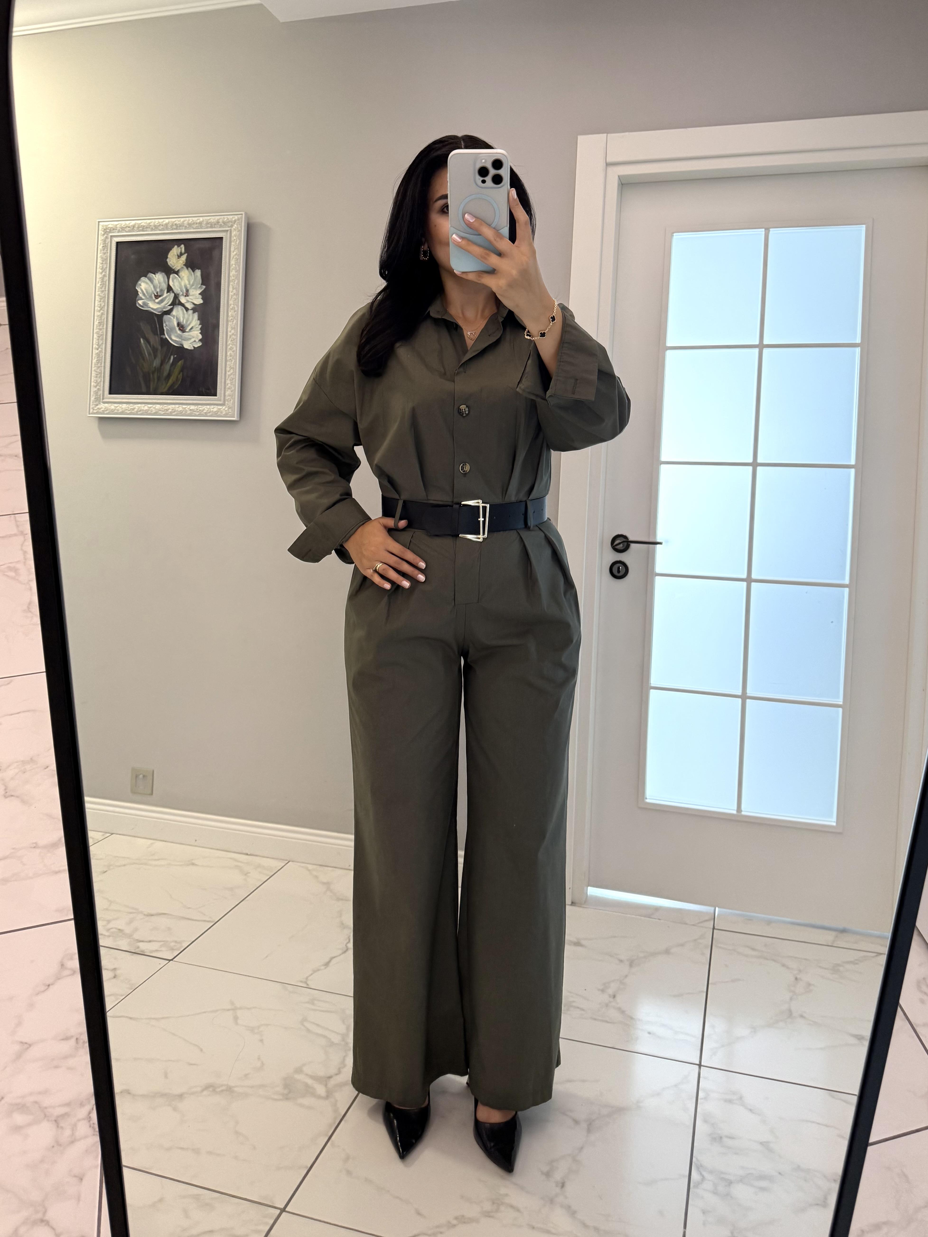 Haki Uzun Kol Kemerli Tulum