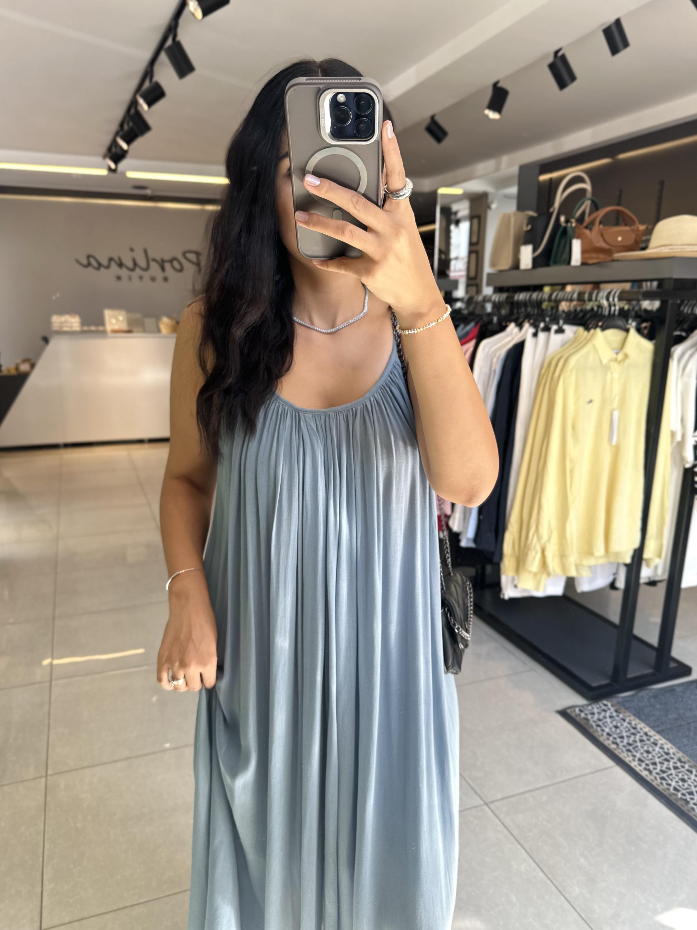 İndigo Ham Keten Astarlı Askılı Elbise