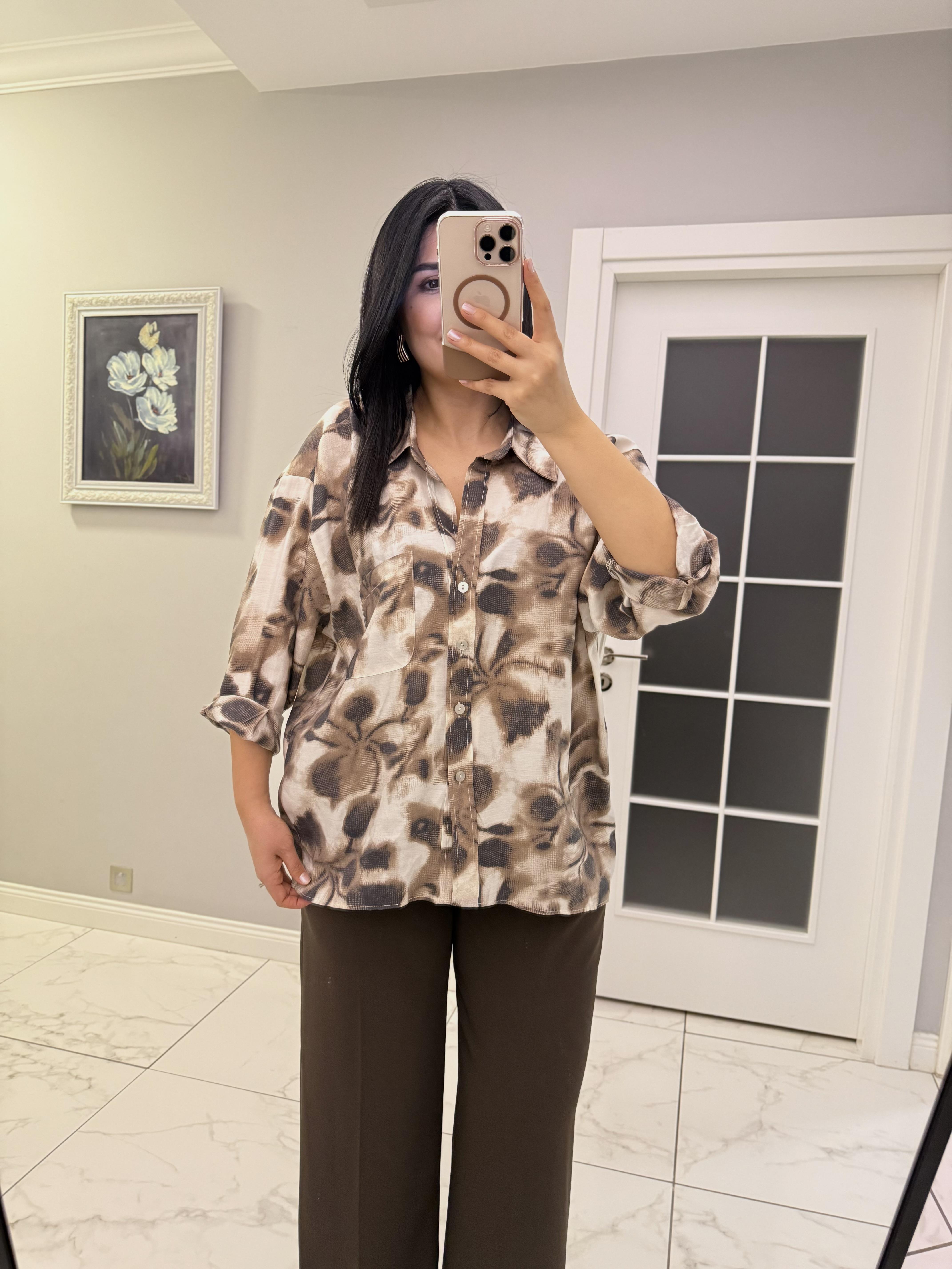 Kahve Desenli Oversize Gömlek