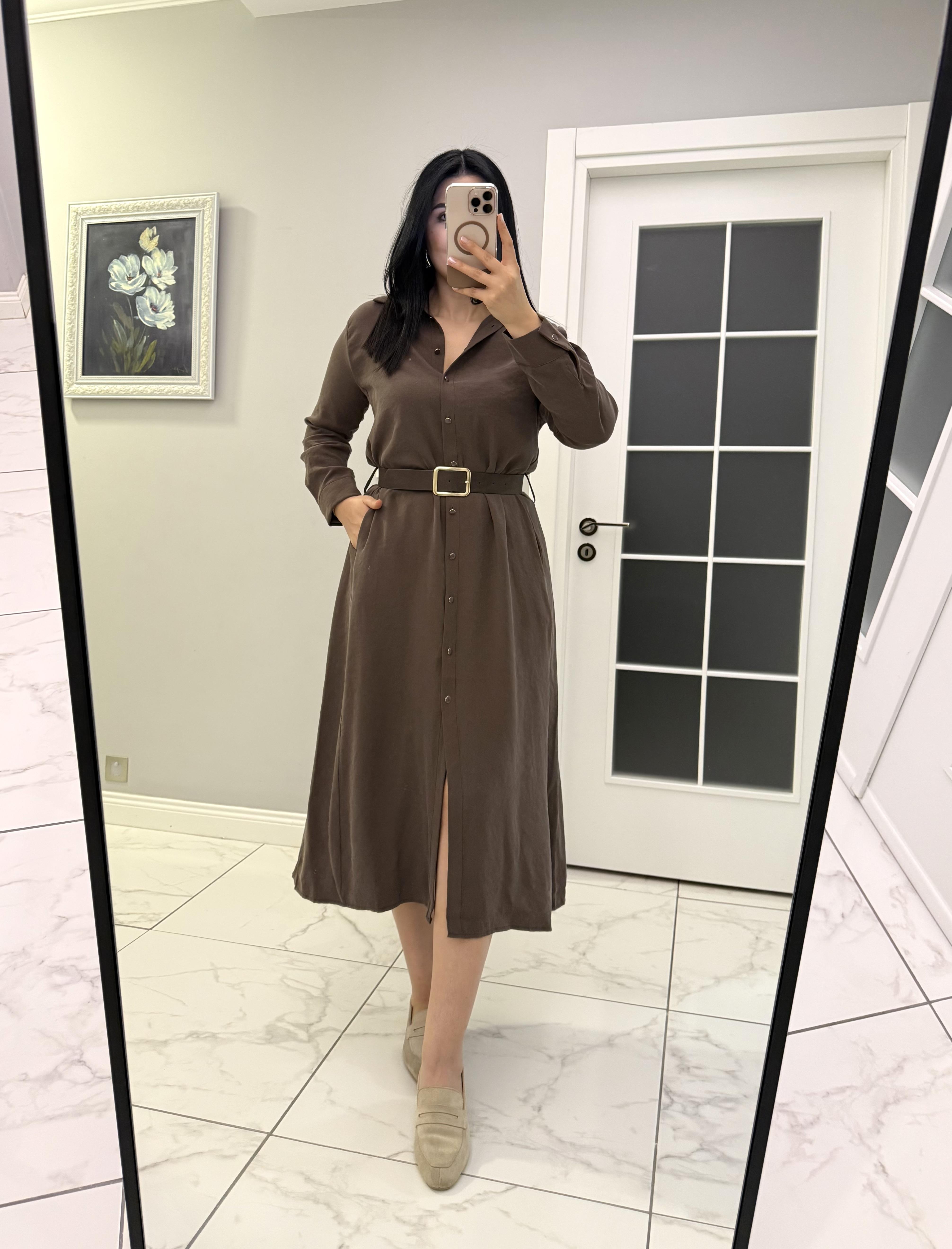 Kahve Kemer Detaylı Gömlek Elbise