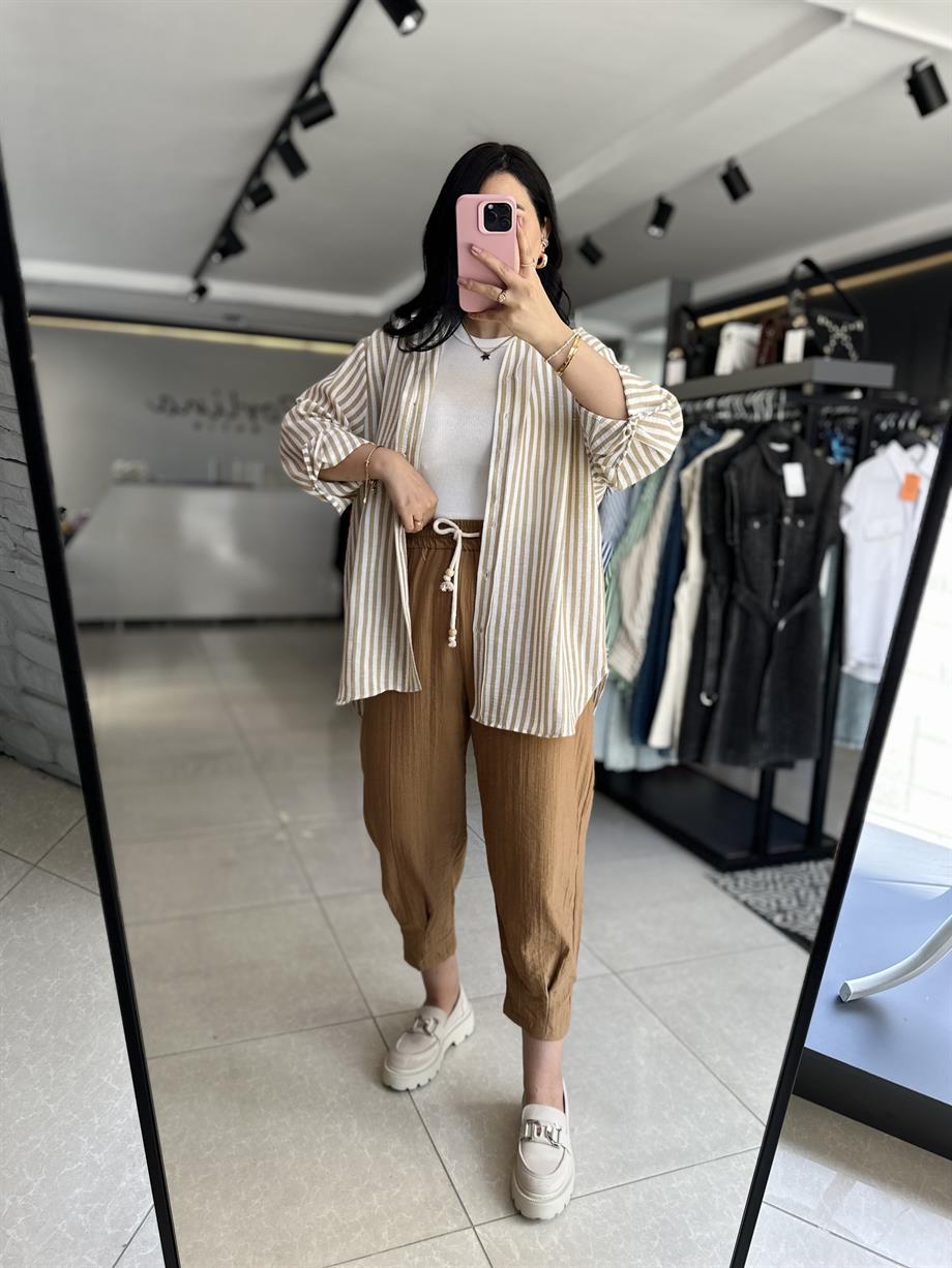 Kahve Paça Pileli Beli Bağcıklı Pantolon