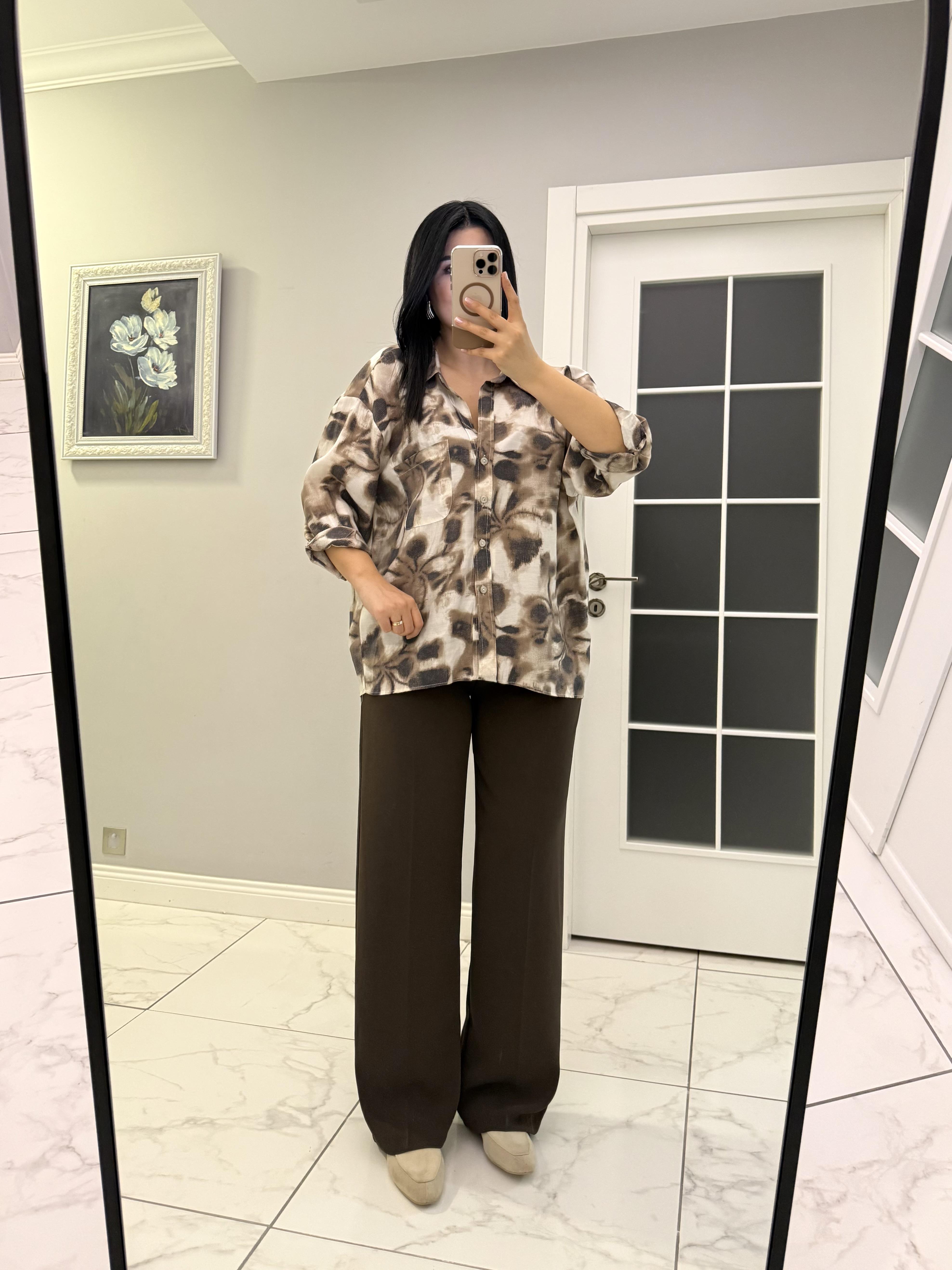 Kahve Pileli Arka Beli Lastikli Gold Düğmeli Palazzo Pantolon