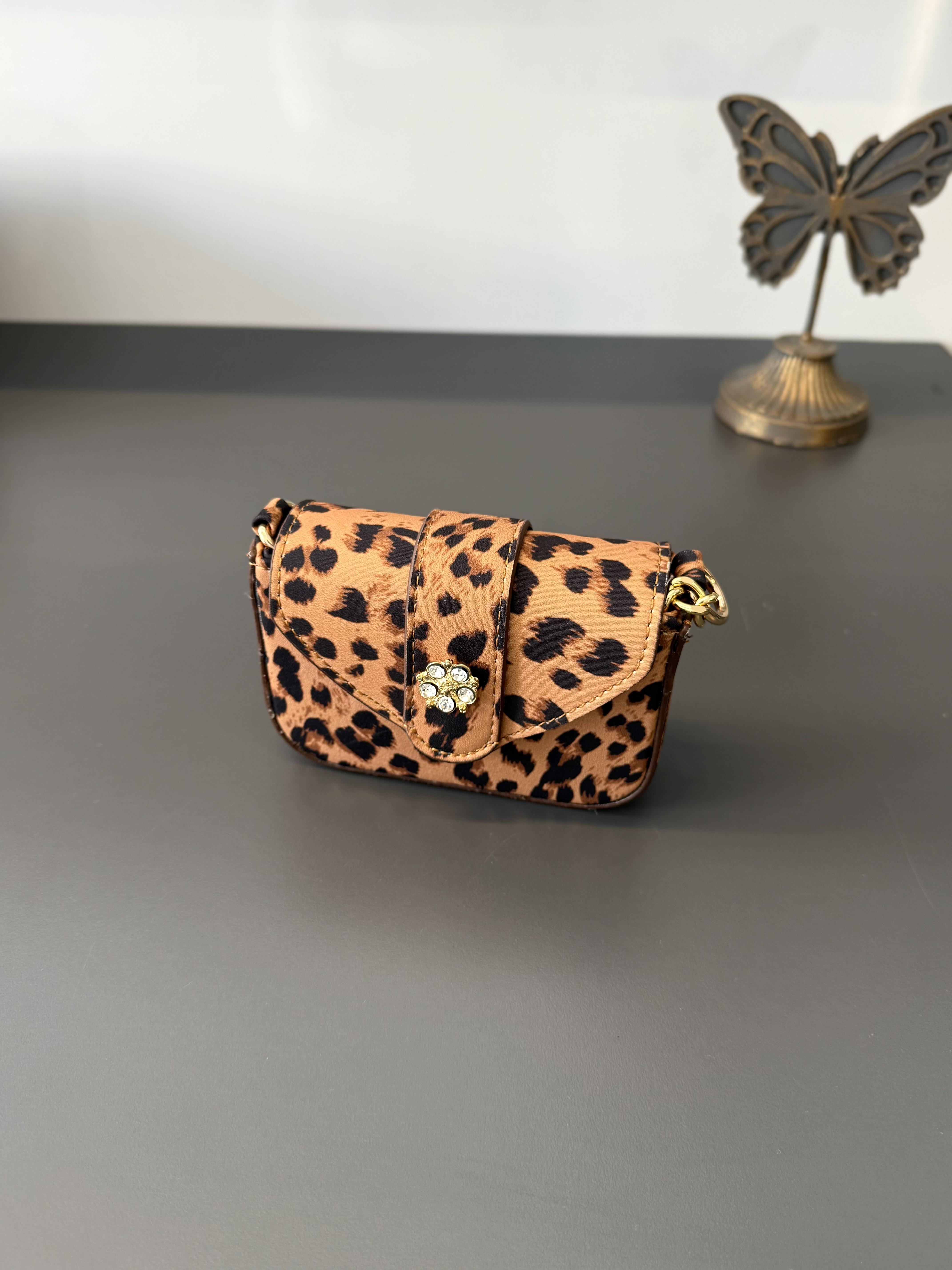 Kahve Zincir Askılı Mini Leopar Çanta