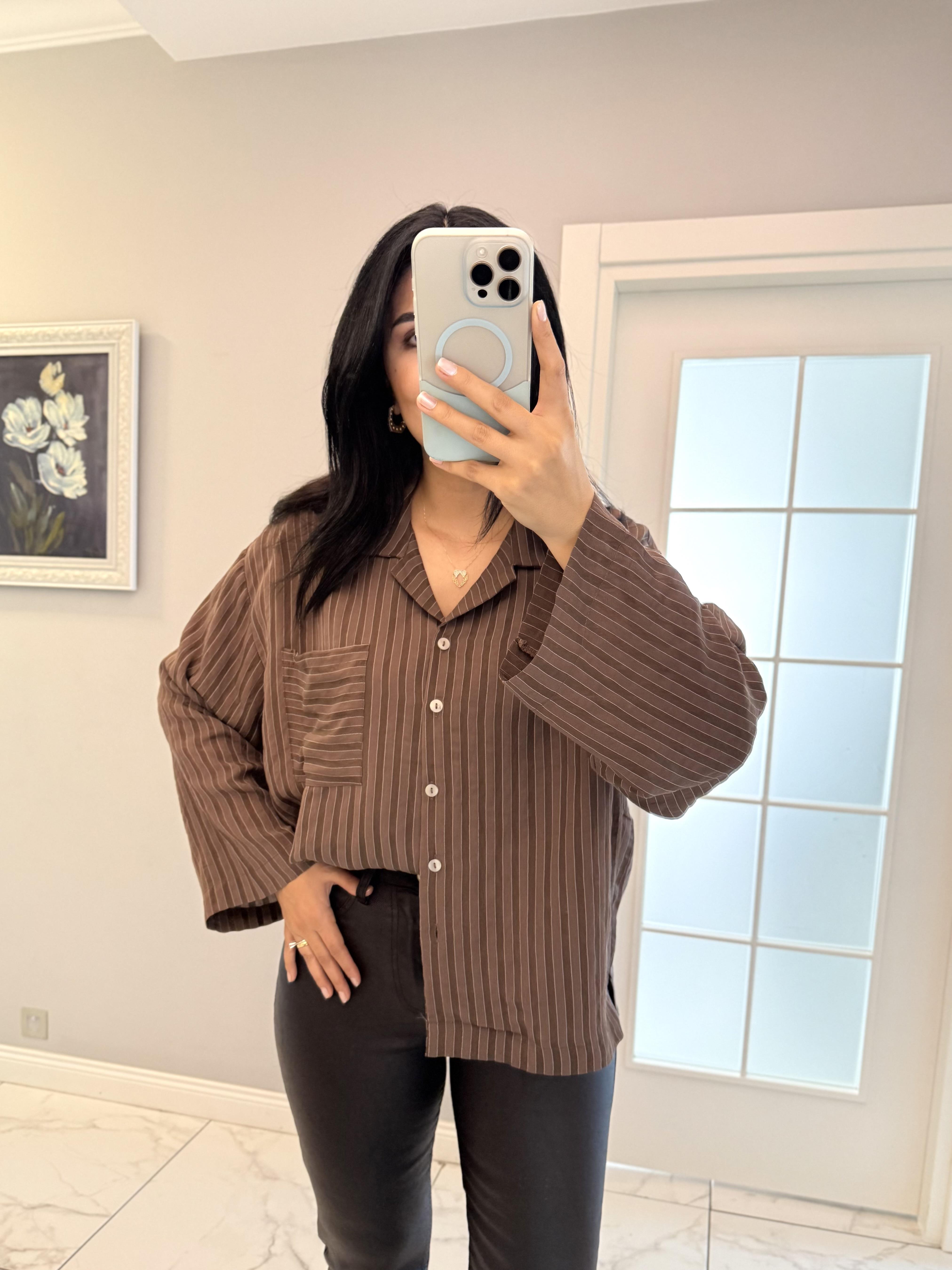 Kahverengi Geniş Kol Çizgili Oversize Gömlek 