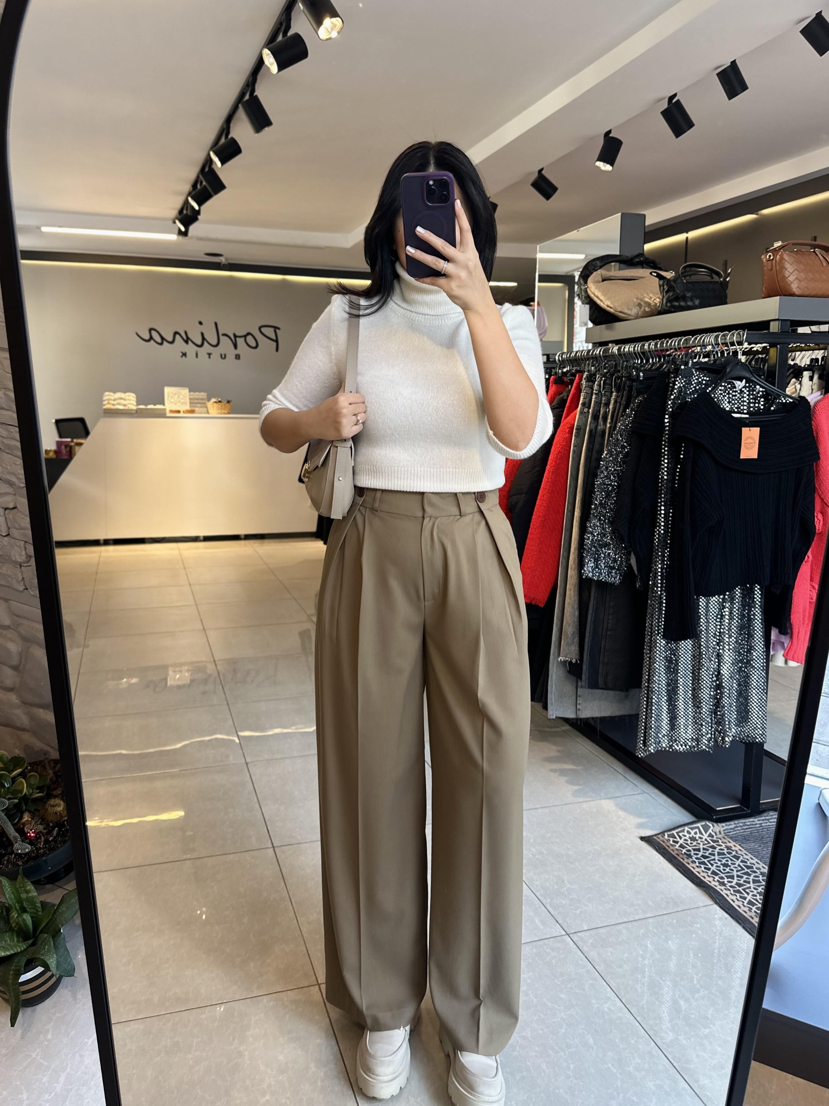 Karamel Düğme Detaylı Palazzo Pantolon