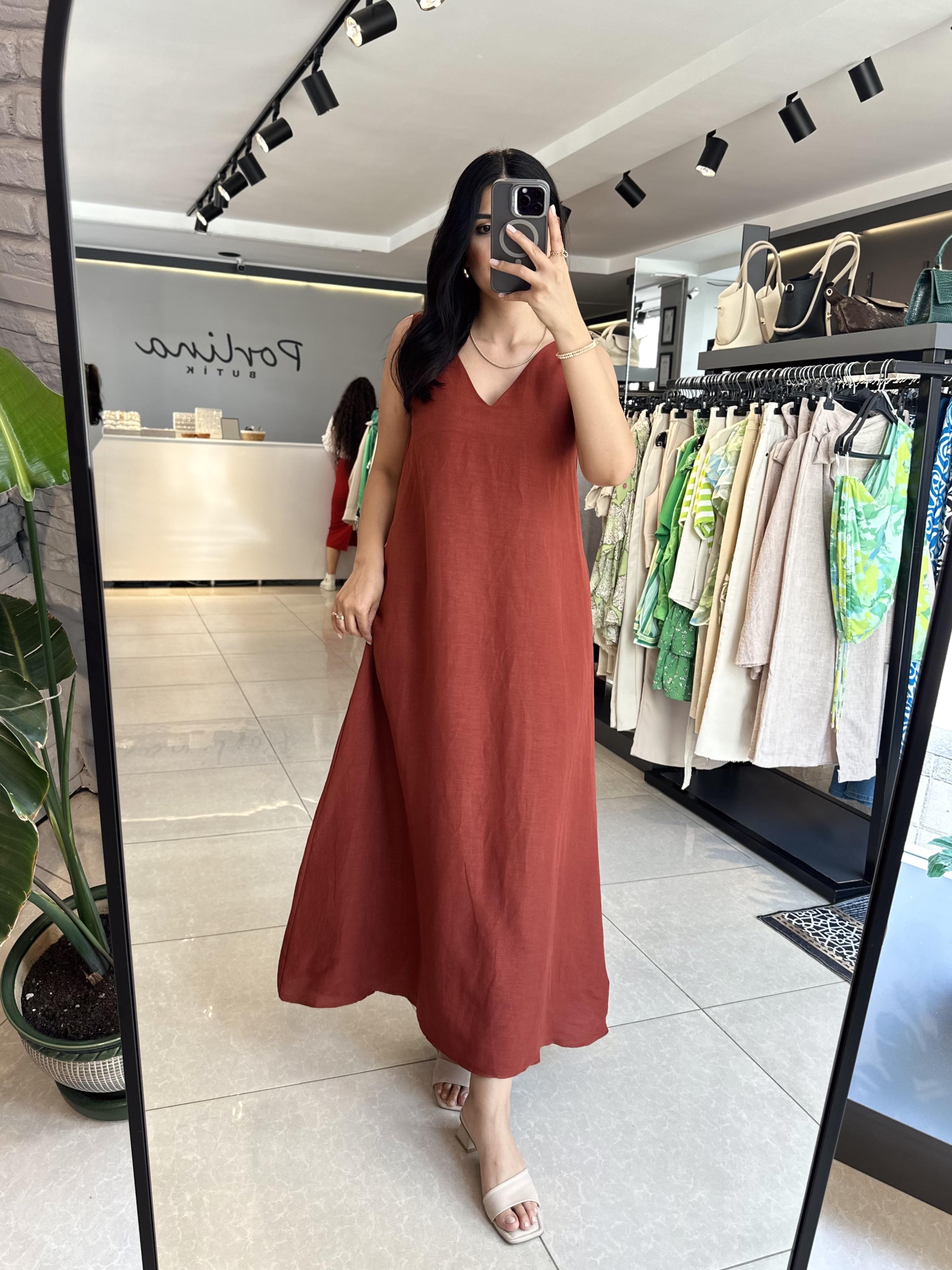 Kiremit Renk Maxi Boy Keten Elbise