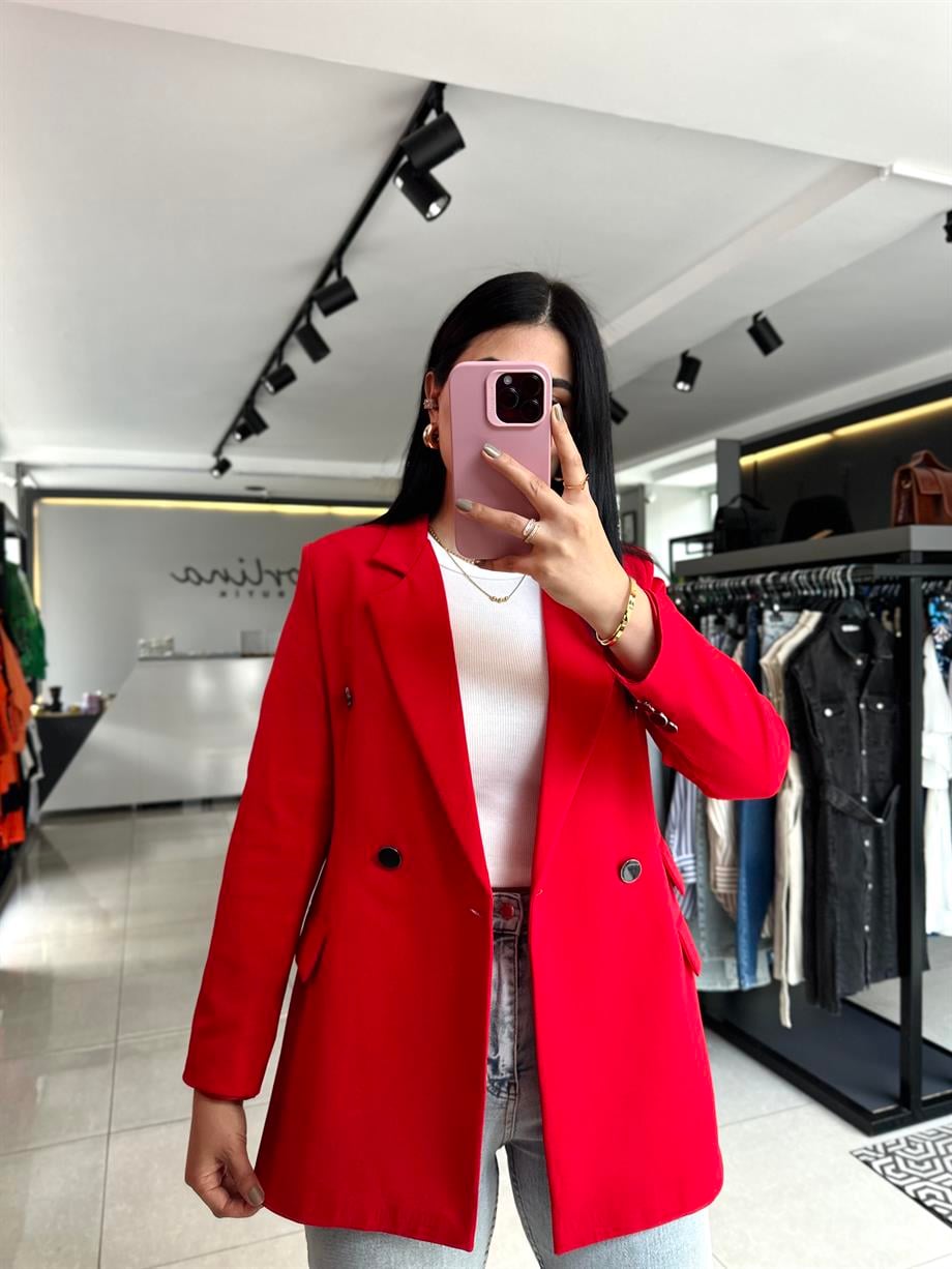 Kırmızı Atlas Kumaş Çift Cep Blazer Ceket