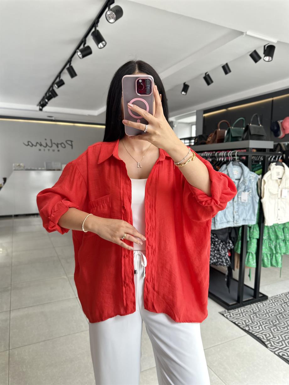 Kırmızı Tensel Kumaş Düşük Omuzlu Oversize Gömlek