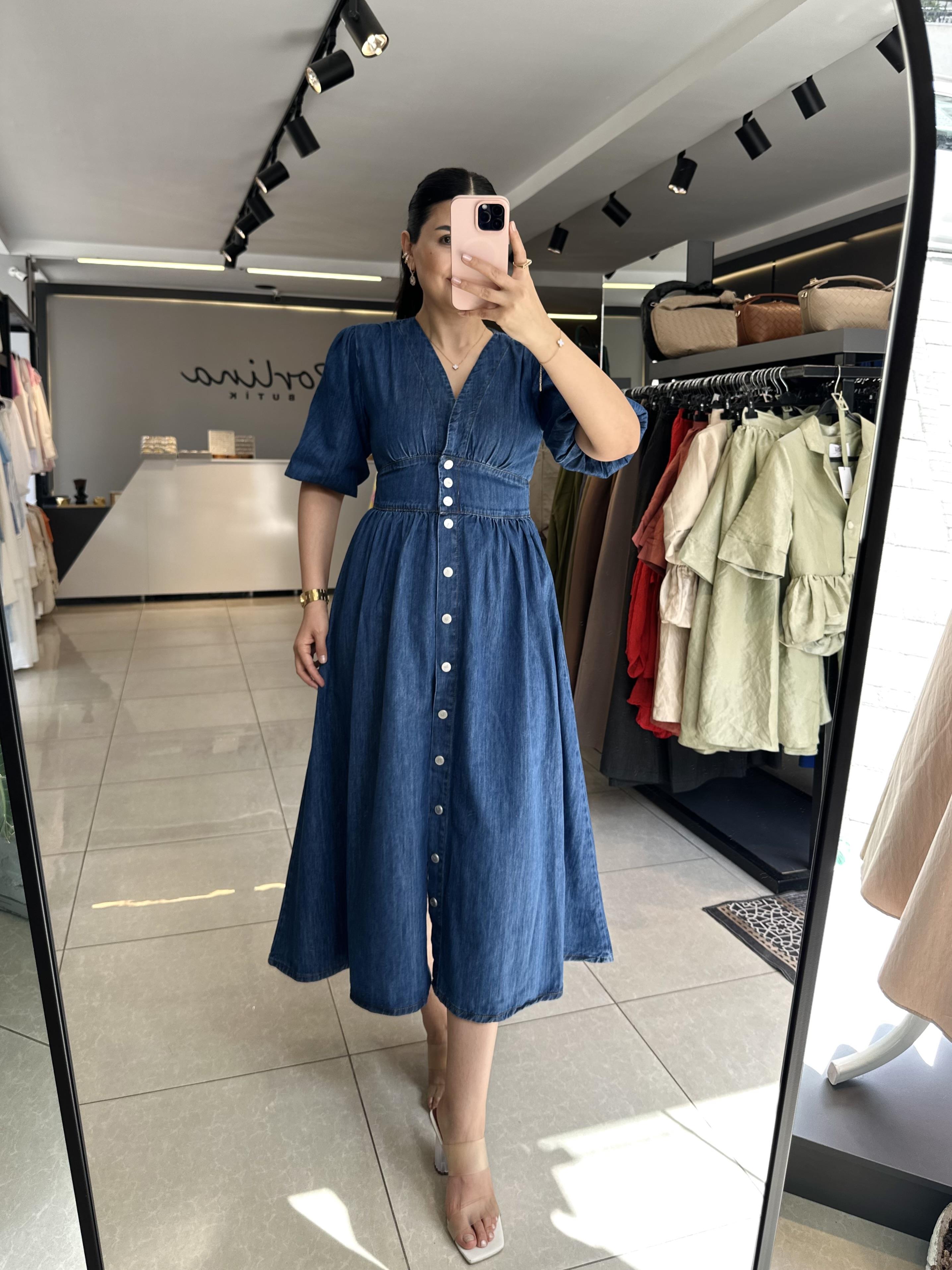 Koyu Mavi Balon Kol Denim Elbise