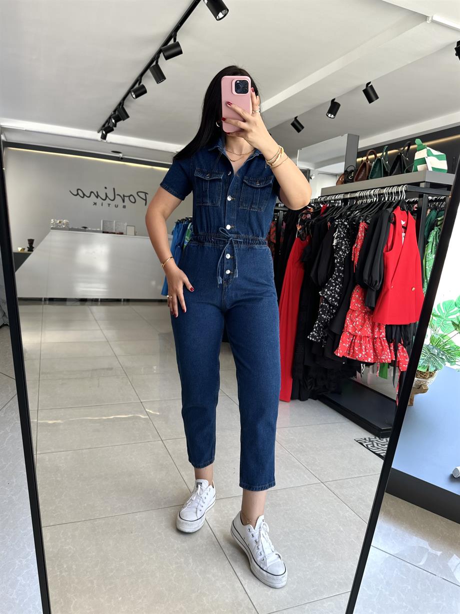 Koyu Mavi Cep Detaylı İp Sıkmalı Denim Tulum