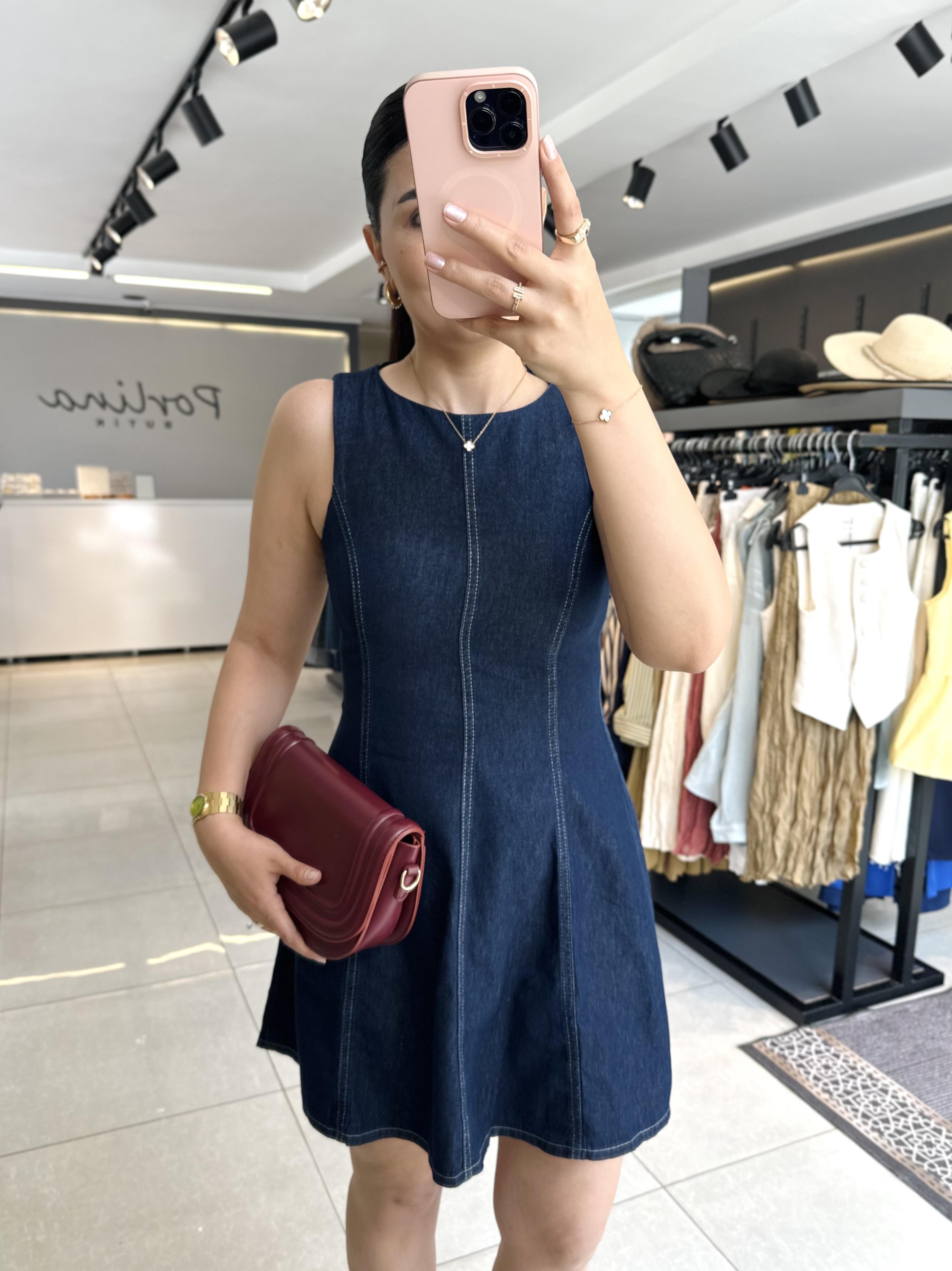 Koyu Mavi Mini Denim Elbise