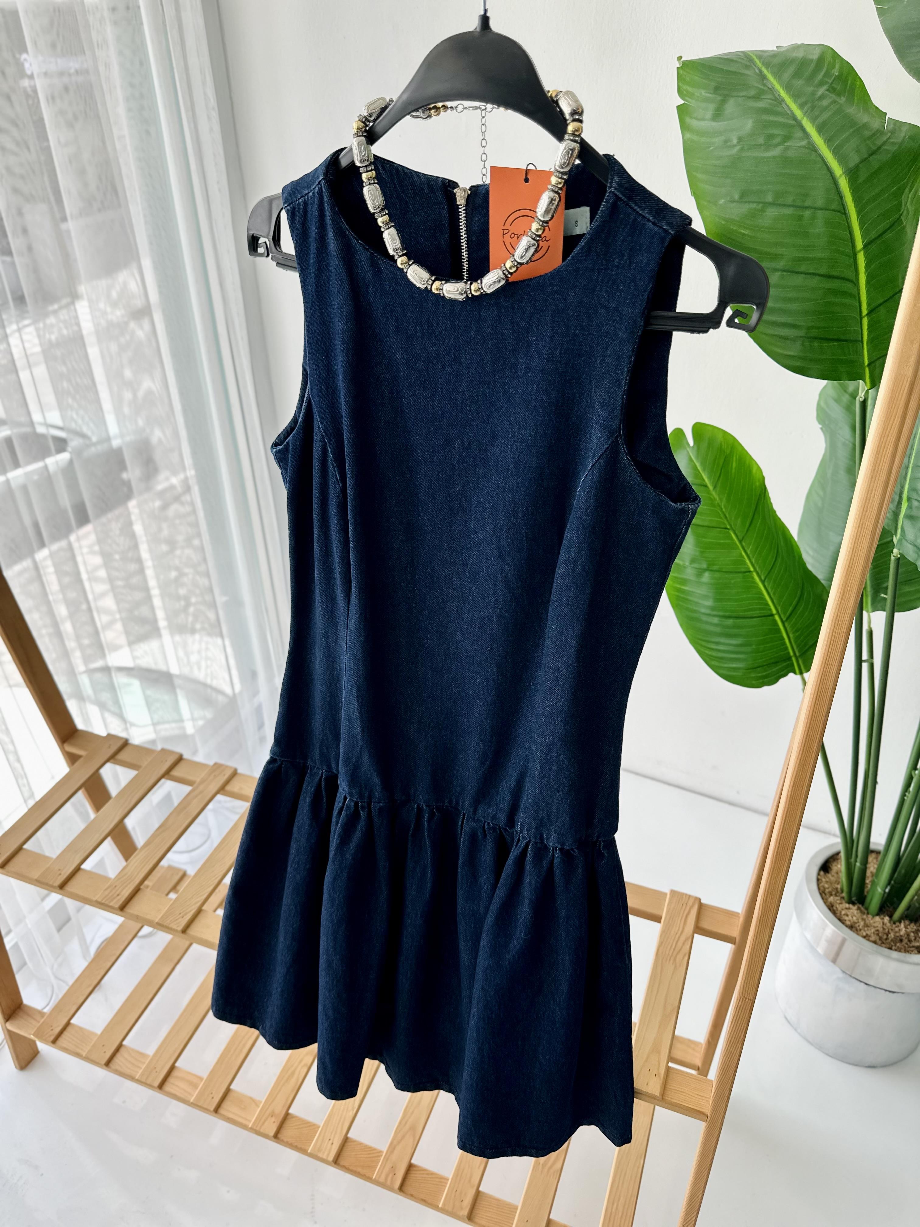 Koyu Mavi Volanlı Mini Denim Elbise