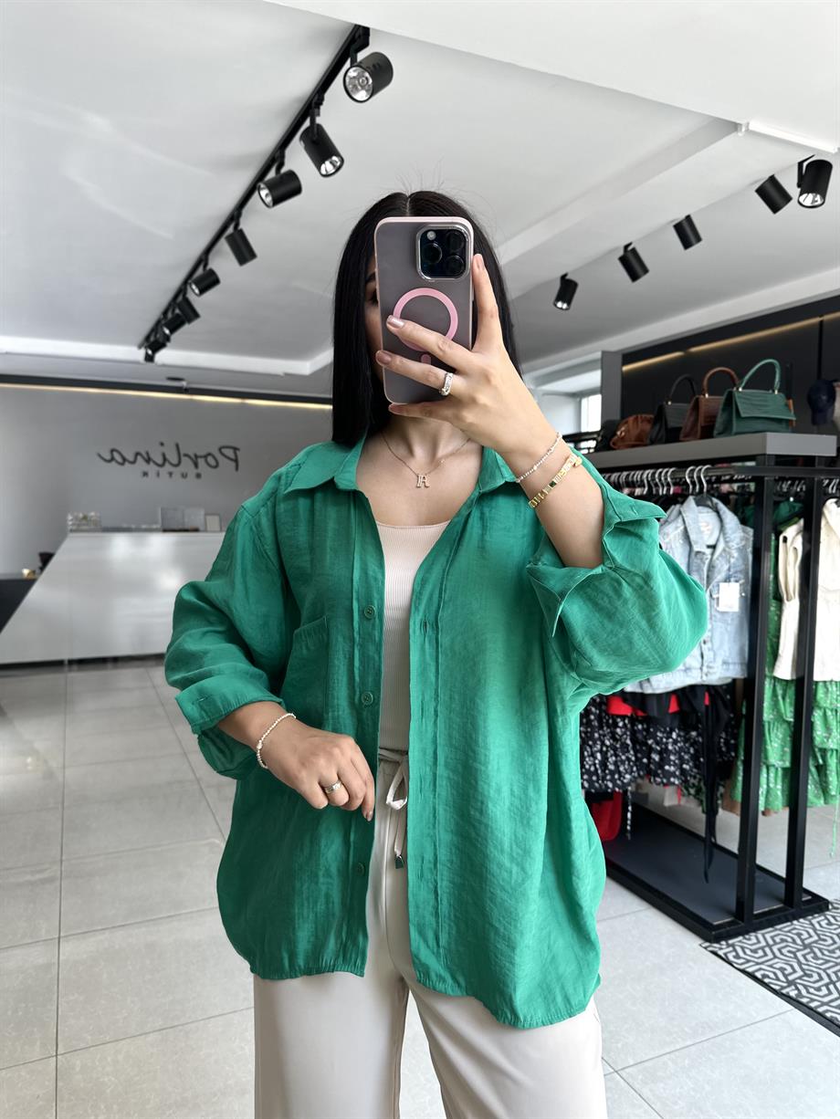 Koyu Yeşil Tensel Kumaş Düşük Omuzlu Oversize Gömlek