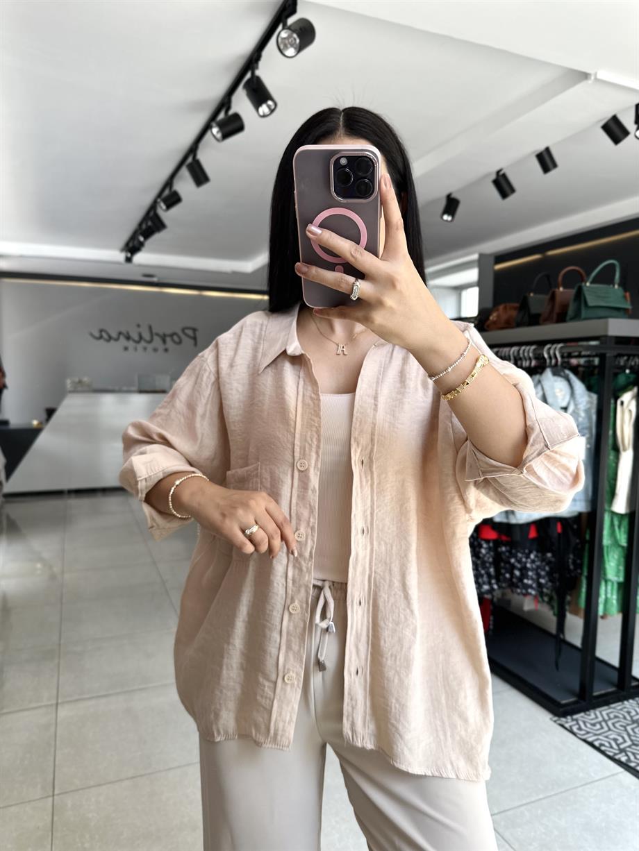 Krem Tensel Kumaş Düşük Omuzlu Oversize Gömlek