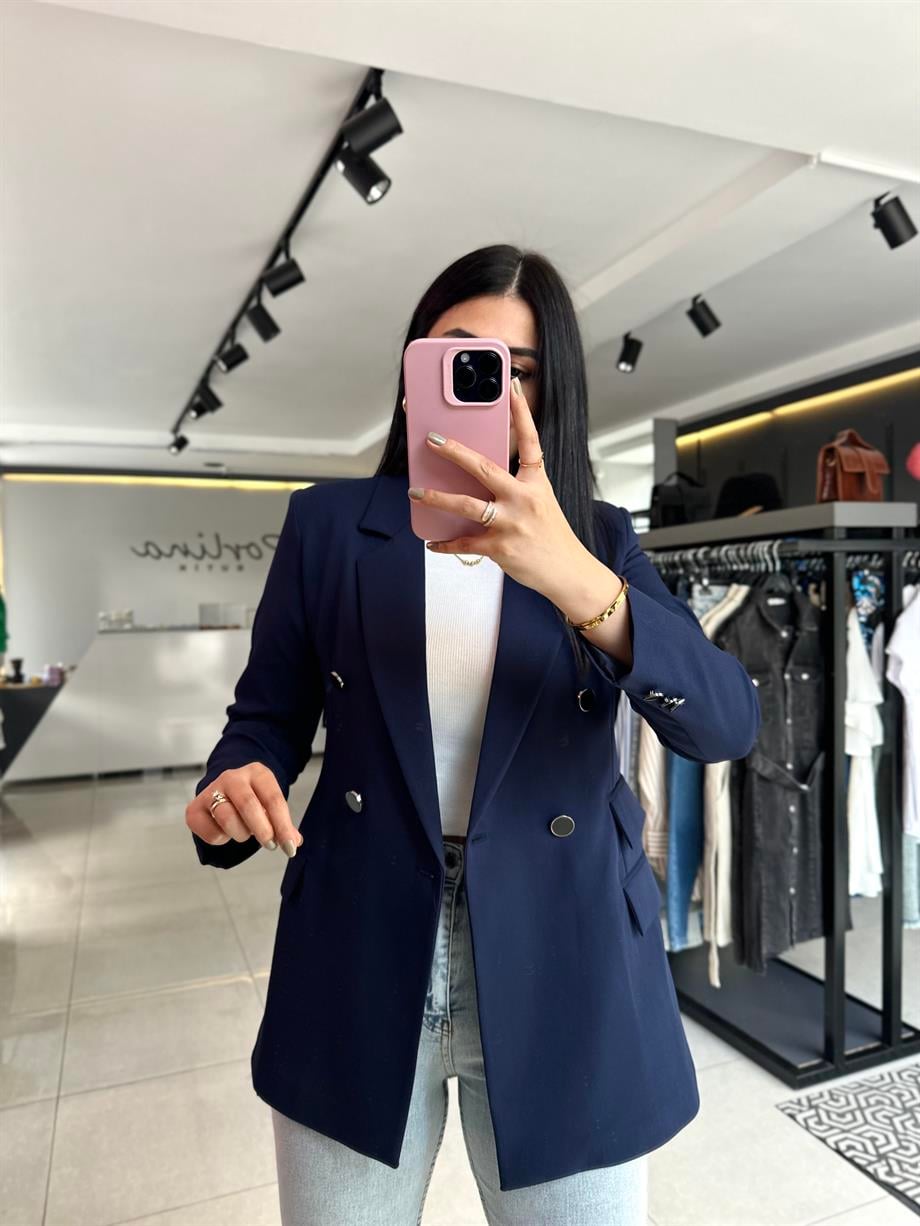 Lacivert Atlas Kumaş Çift Cep Blazer Ceket