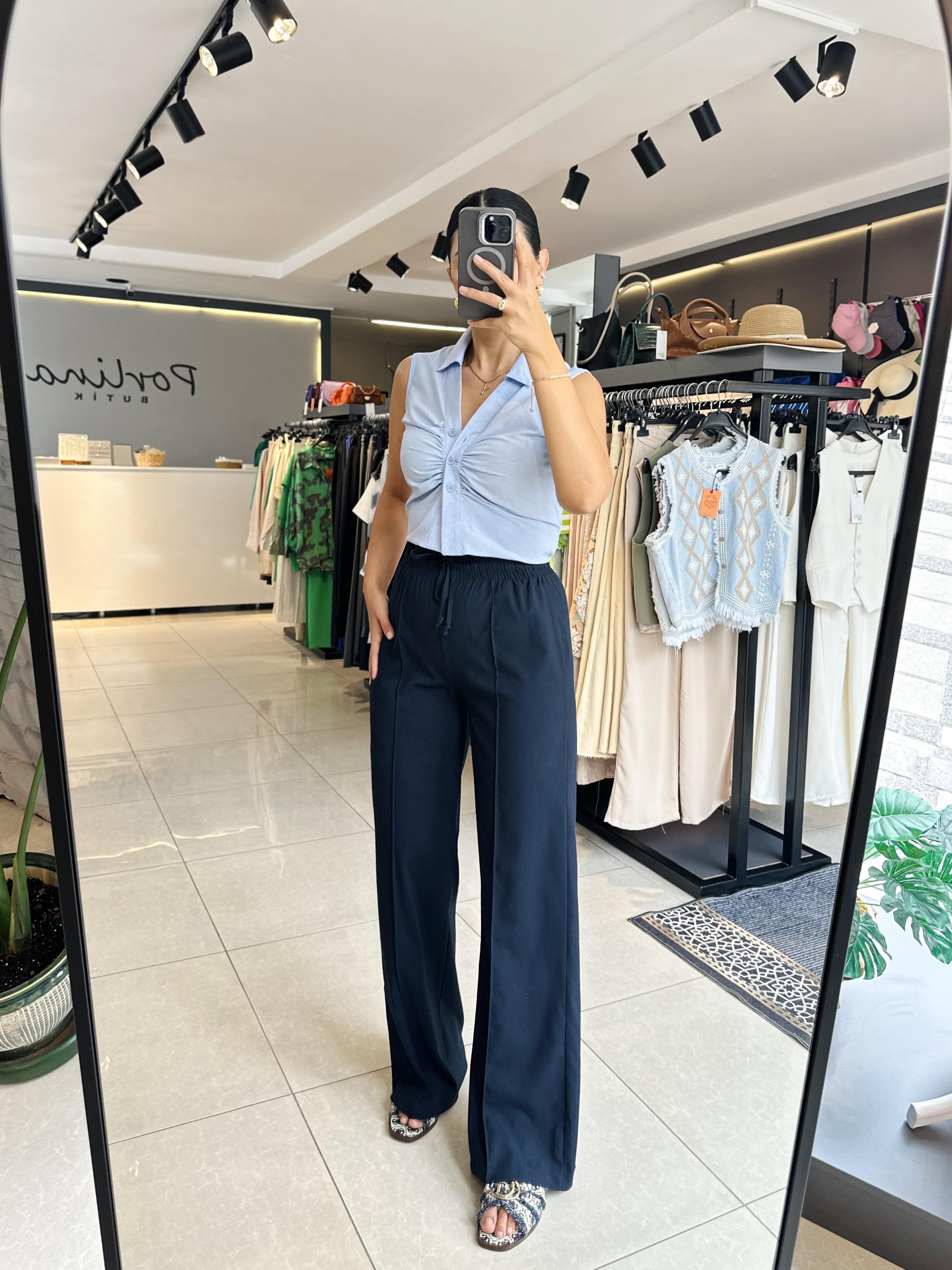 Lacivert Beli Lastikli Ön Dikiş Detaylı Bol Pantolon