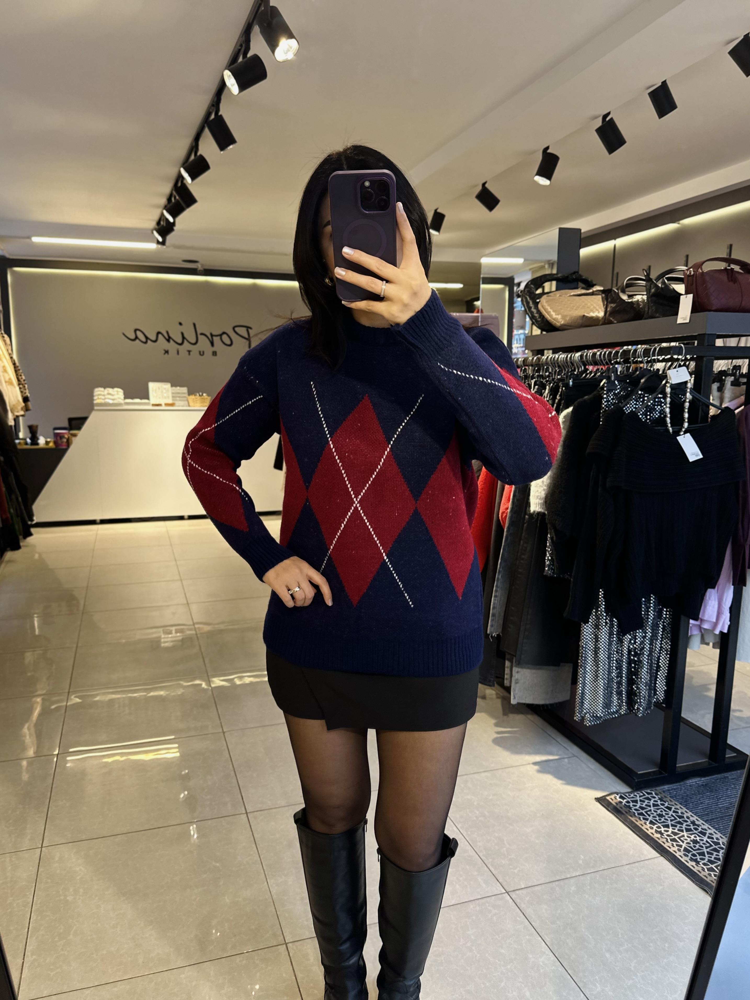 Lacivert Bordo Baklava Desenli Kazak