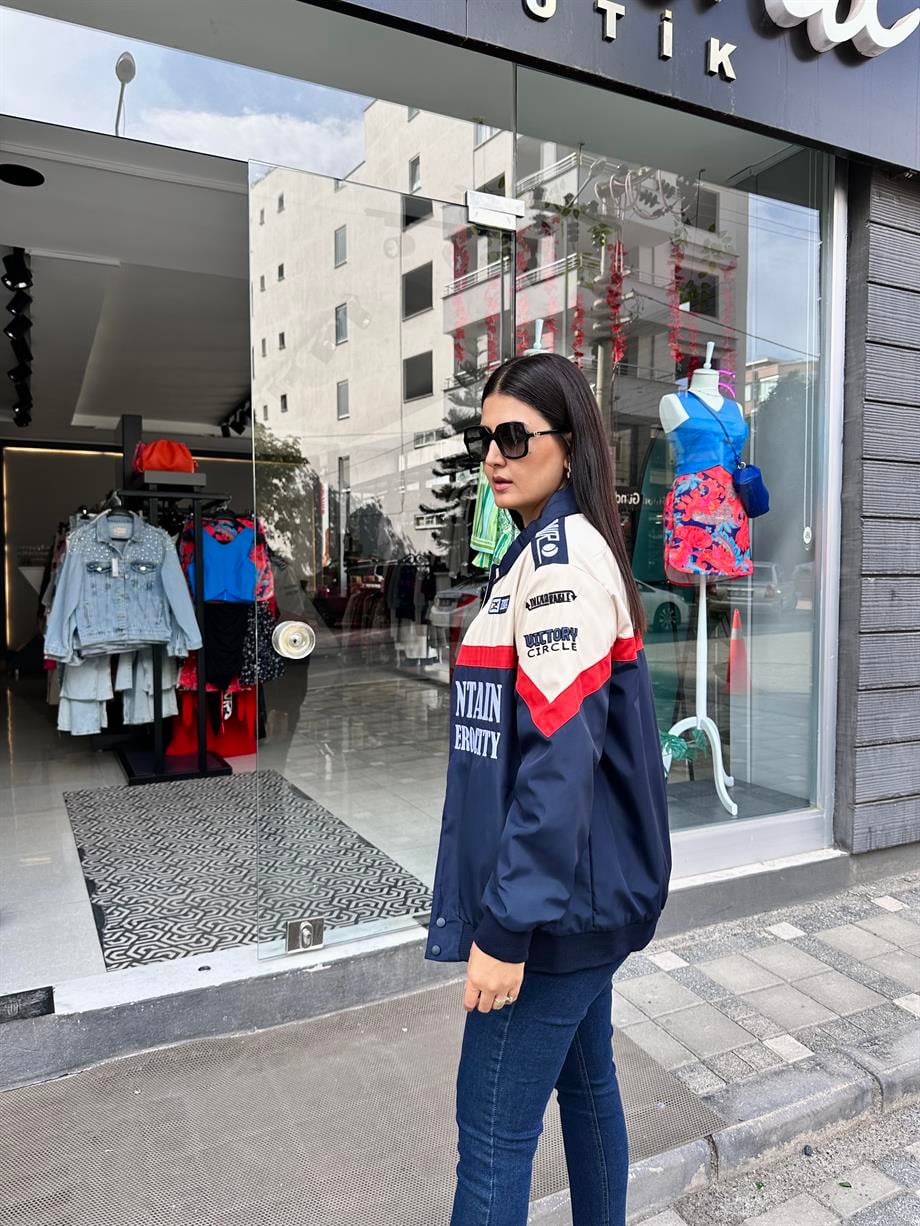 Lacivert Krem Baskılı Bomber Ceket