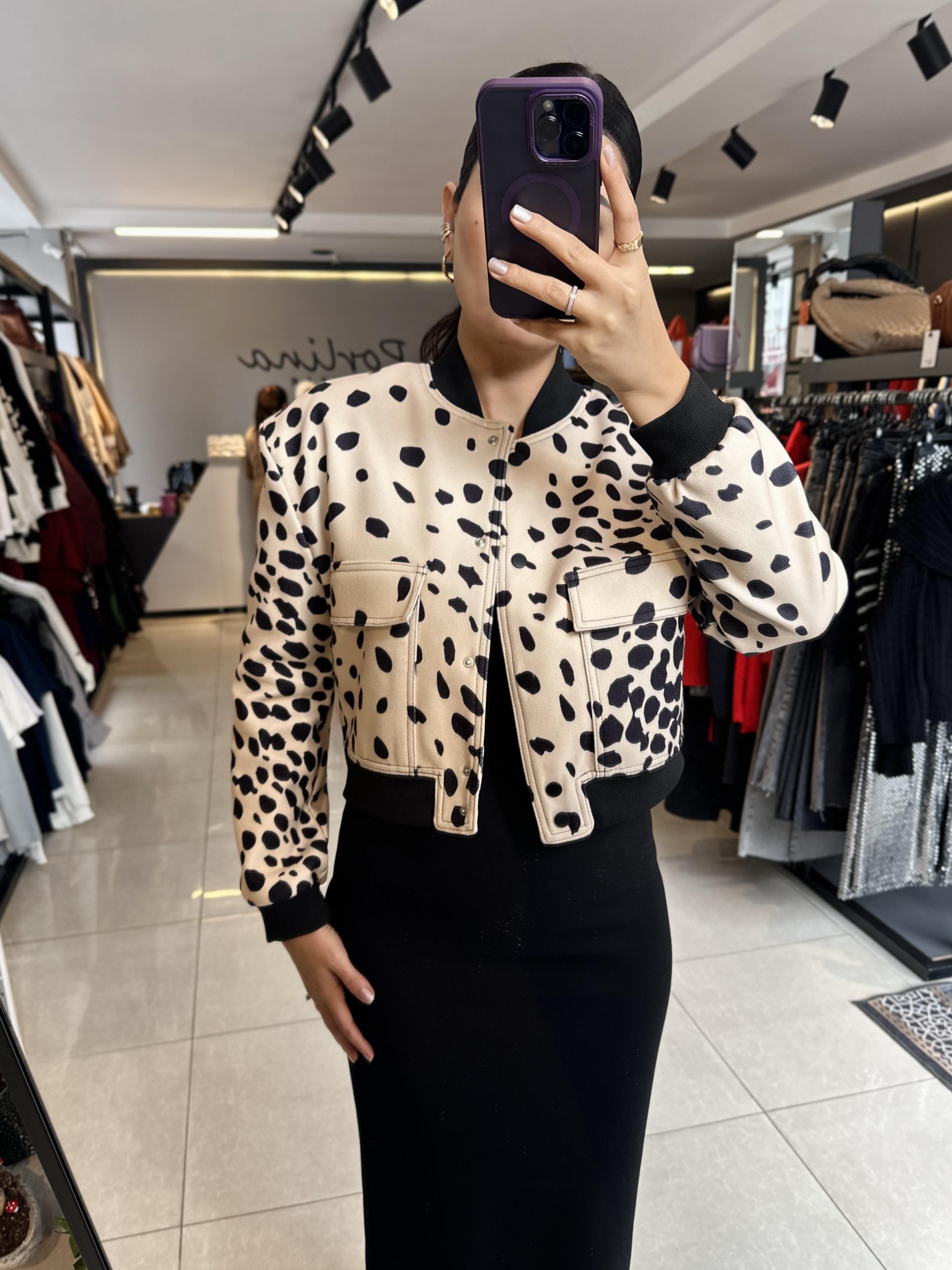 Leopar Desen Geniş Cepli Bomber Ceket