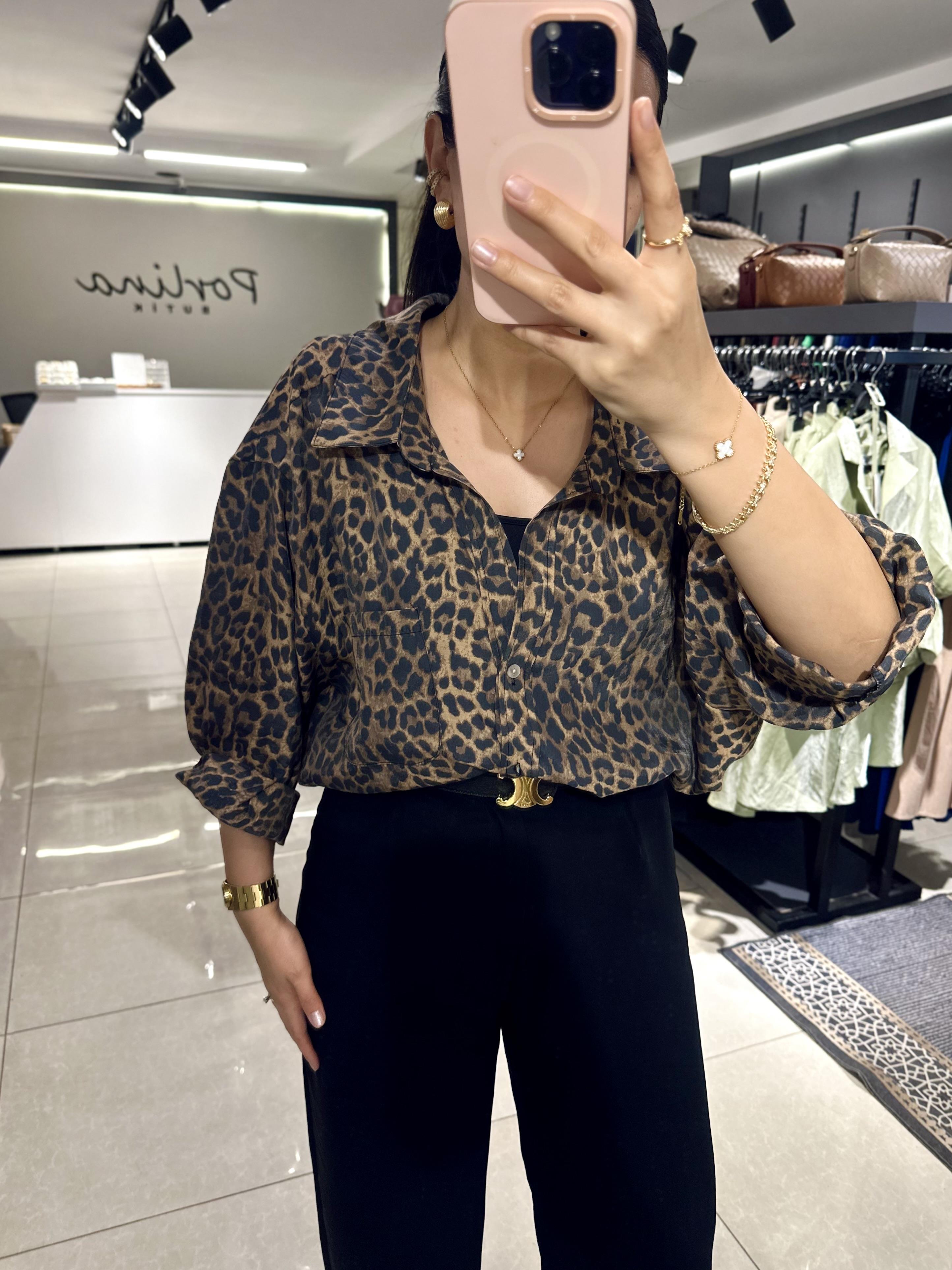 Leopar Desen Tensel Kumaş Oversize Gömlek