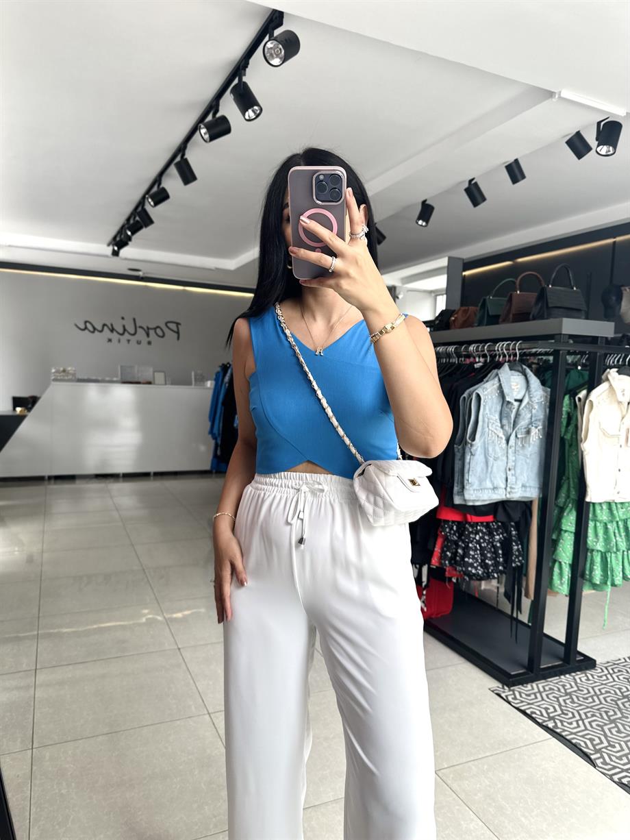 Mavi Arka Fermuarlı Keten Bluz