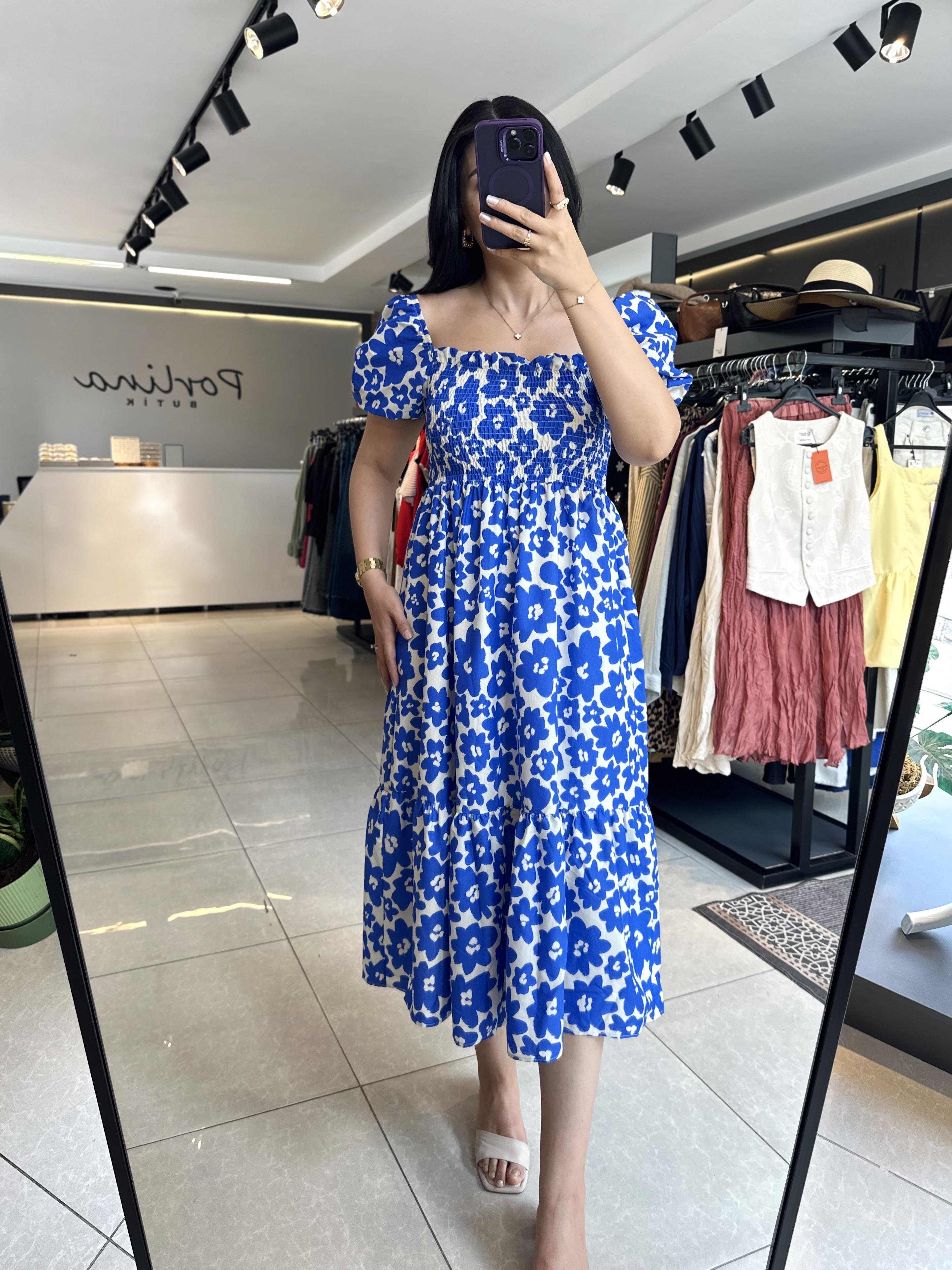 Mavi Çiçek Desen Gipeli Elbise