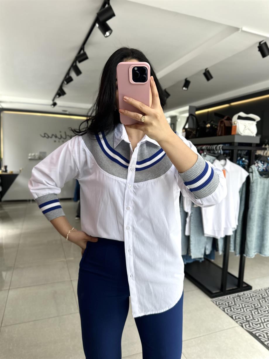 Mavi Çizgili Triko Detay Beyaz Gömlek