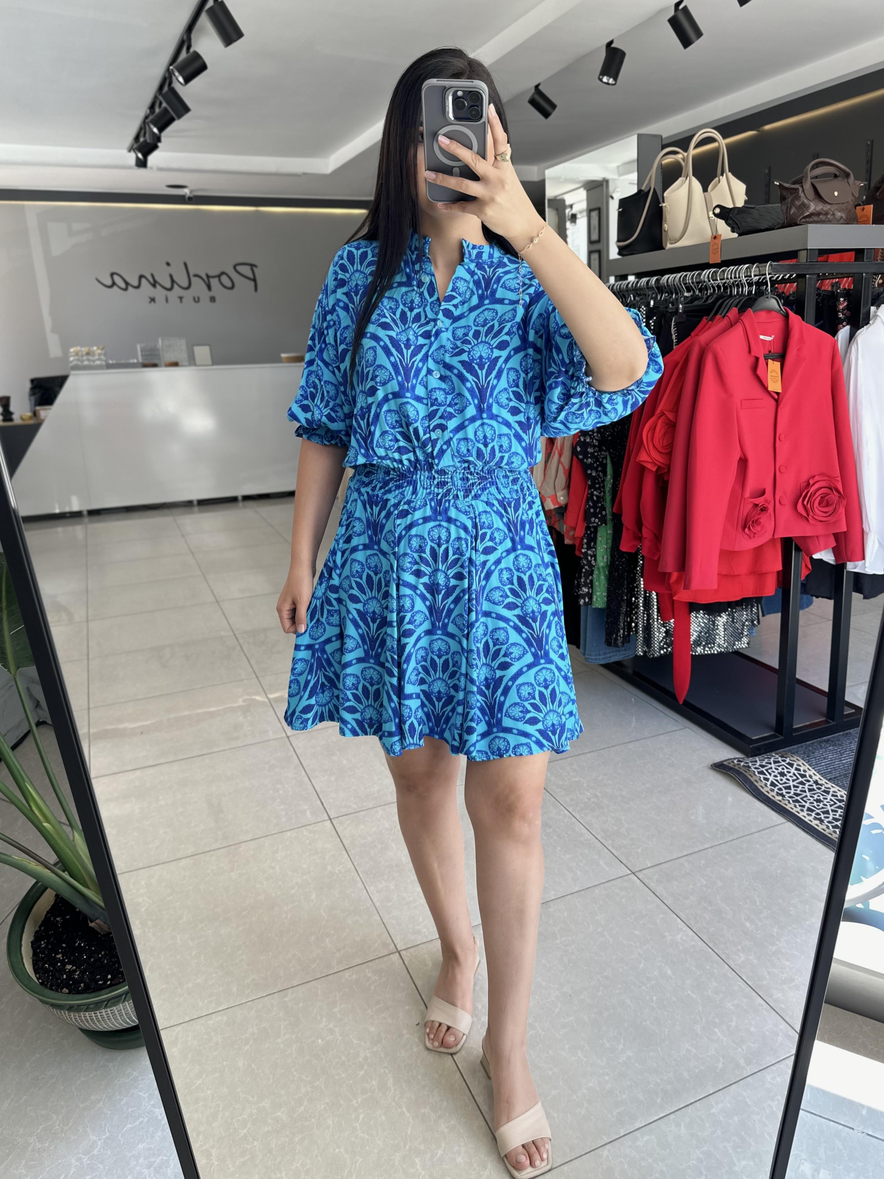 Mavi Desenli Viskon Elbise