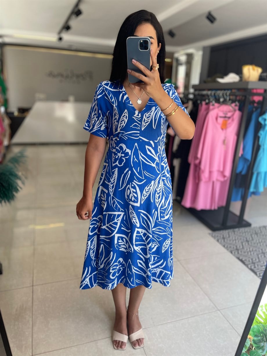 Mavi Desenli Viskon Elbise