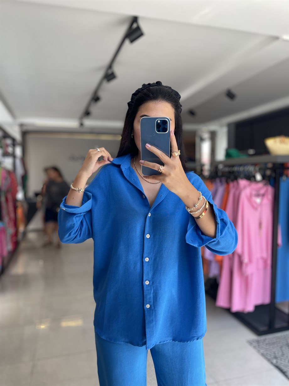 Mavi Keten Oversize Gömlek