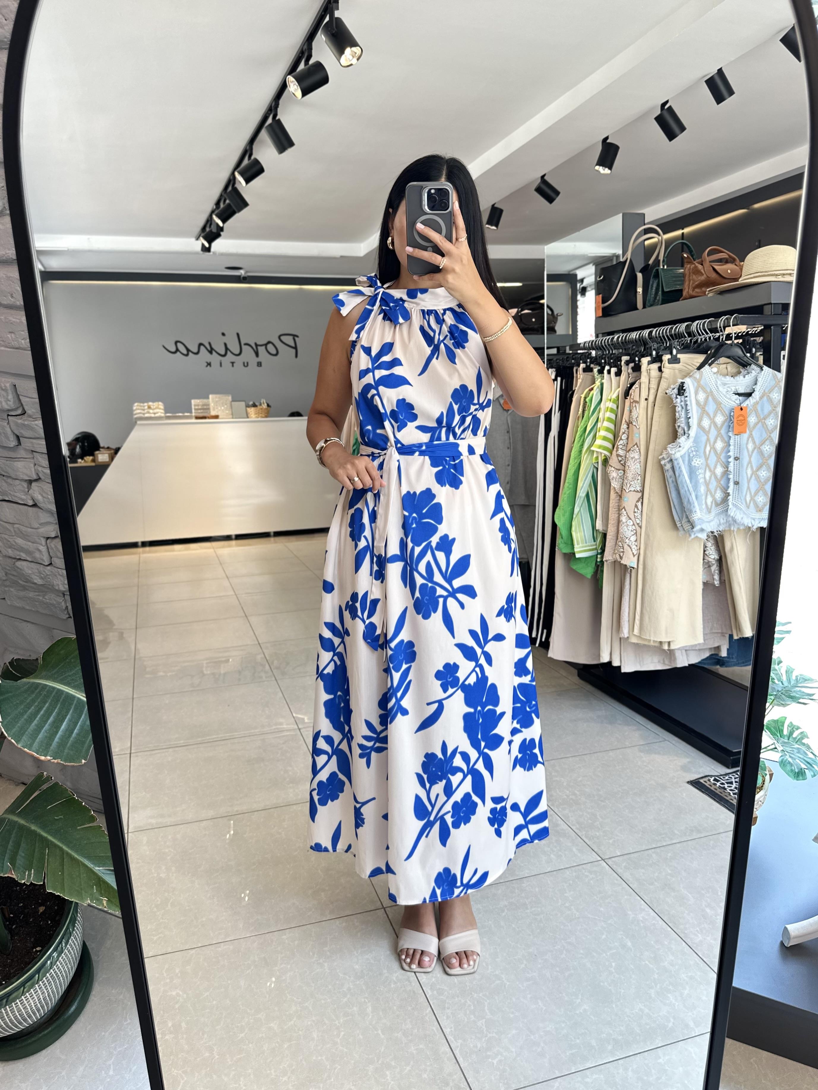 Mavi Krem Desenli Kuşaklı Elbise