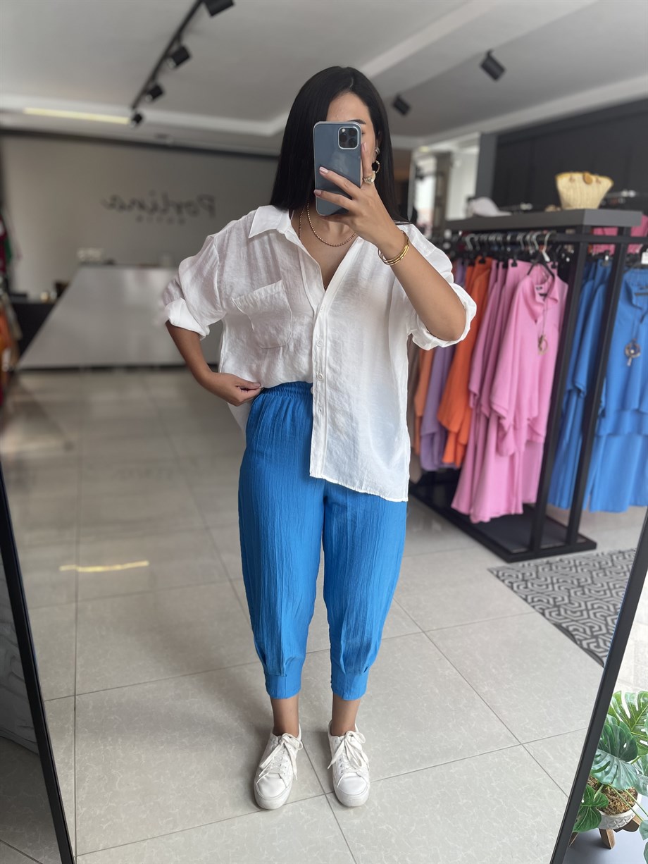 Mavi Paça Pileli Beli Bağcıklı Pantolon