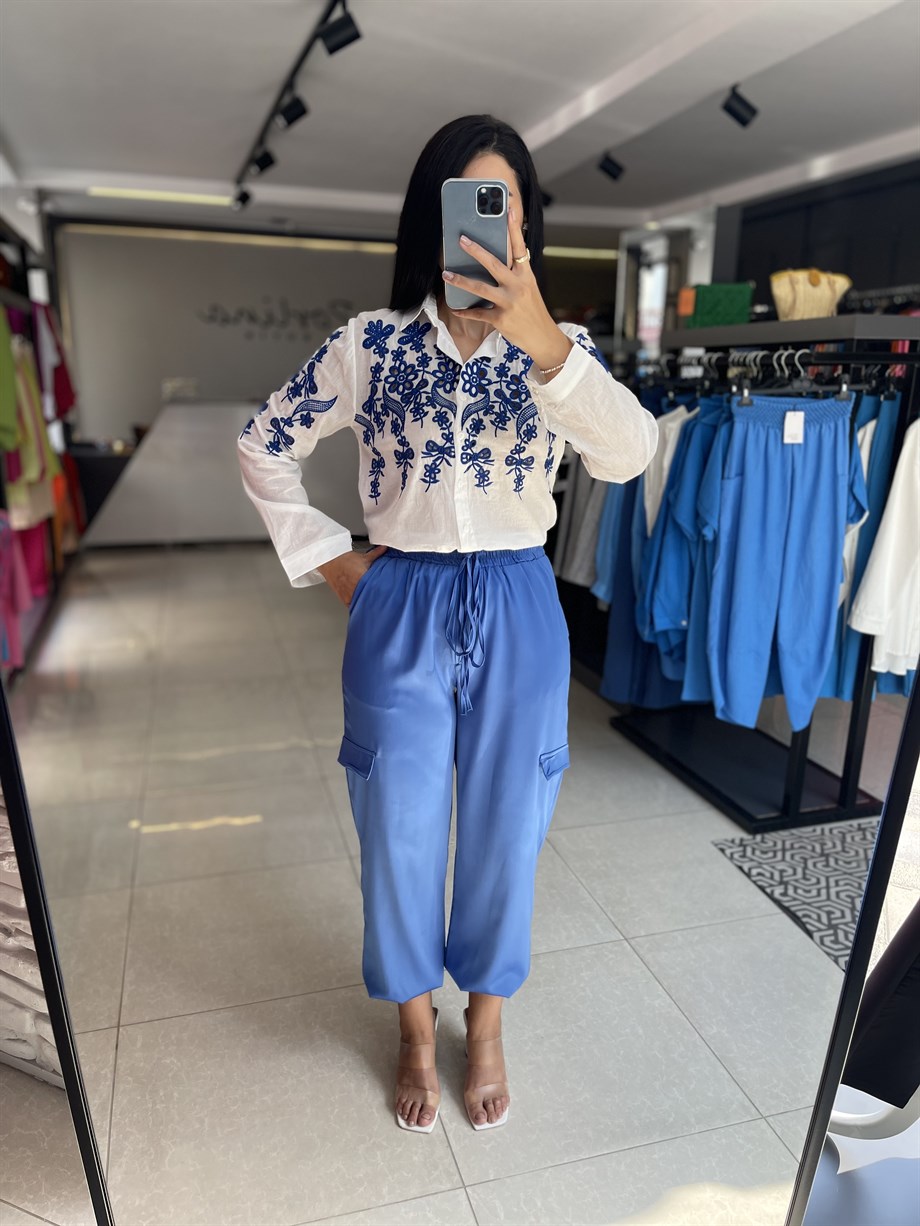 Mavi Saten Cepli Şalvar Pantolon