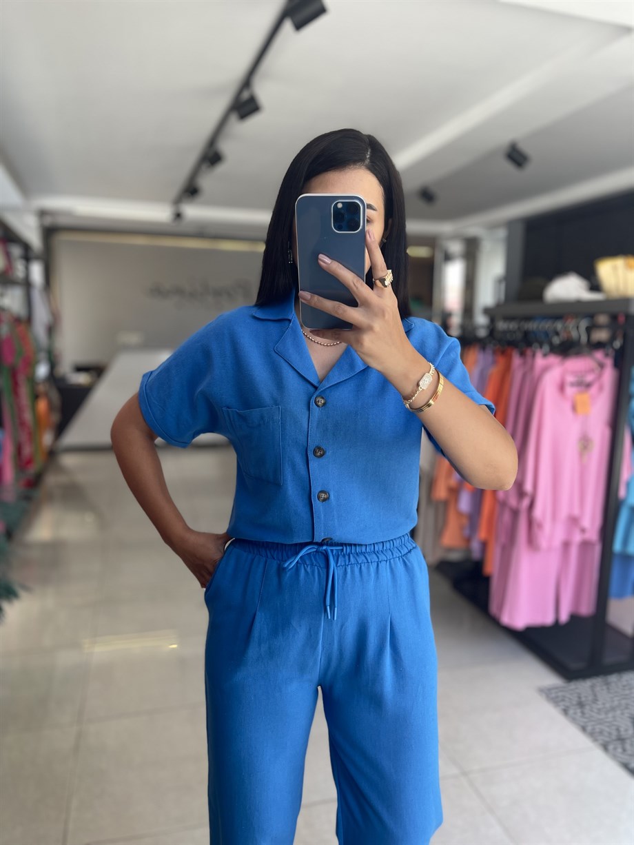 Mavi Yarasa Kol Keten Gömlek