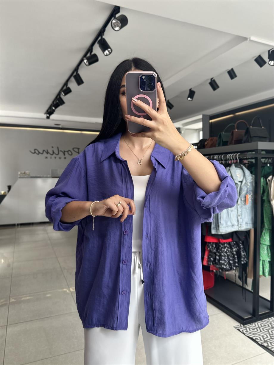 Mor Tensel Kumaş Düşük Omuzlu Oversize Gömlek