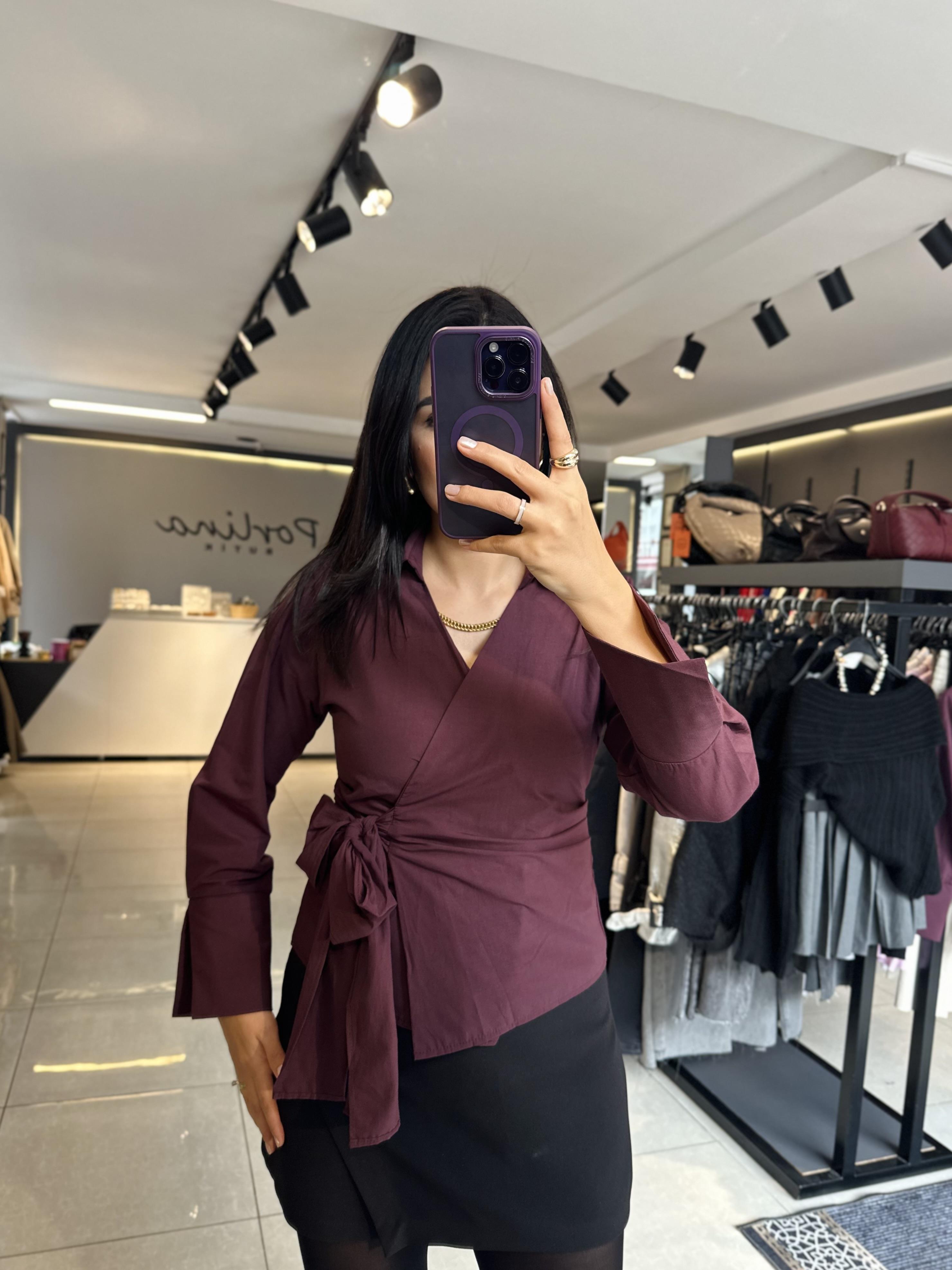 Mürdüm Anvelop Bağlamalı Poplin Gömlek